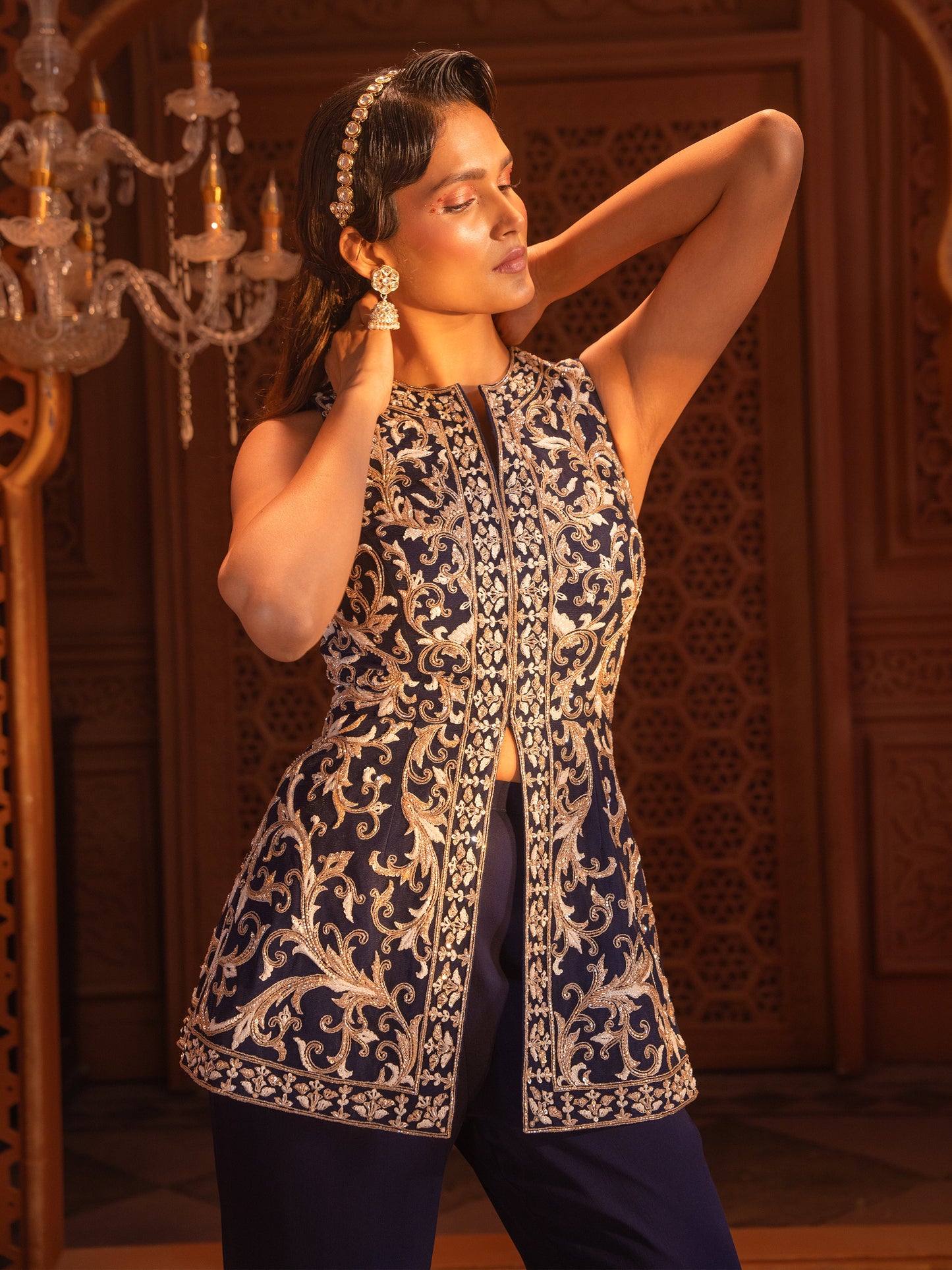 Navy Embroidered Peplum Jacket Set