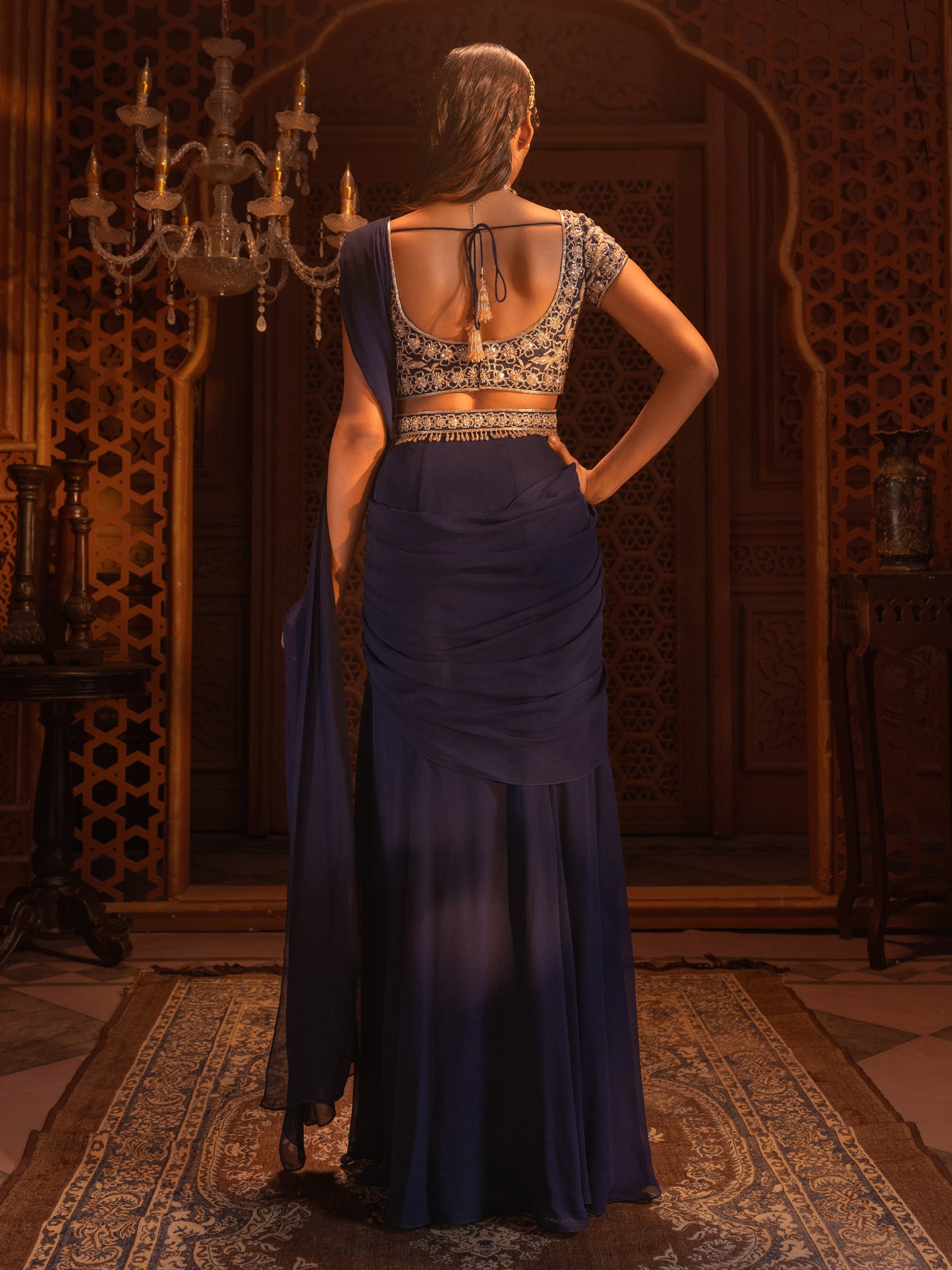 Navy Hand Embroidered Drape Saree Set