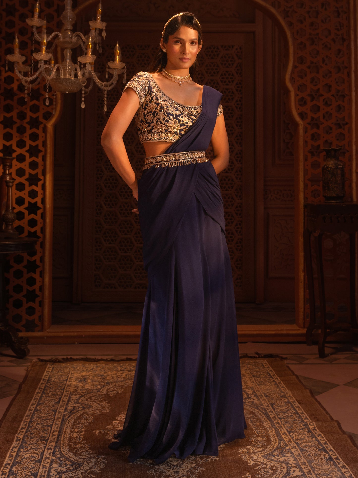Navy Hand Embroidered Drape Saree Set
