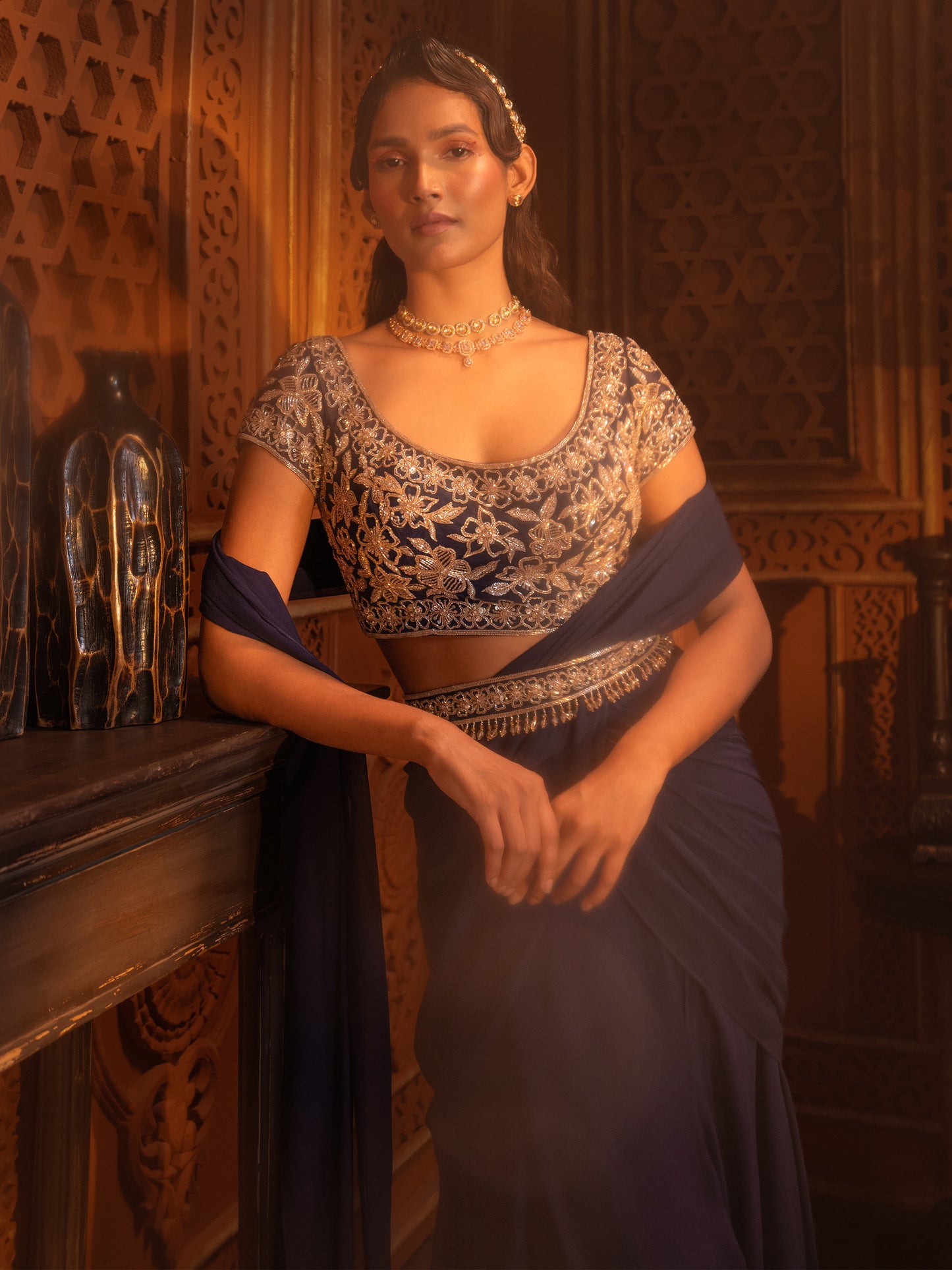 Navy Hand Embroidered Drape Saree Set