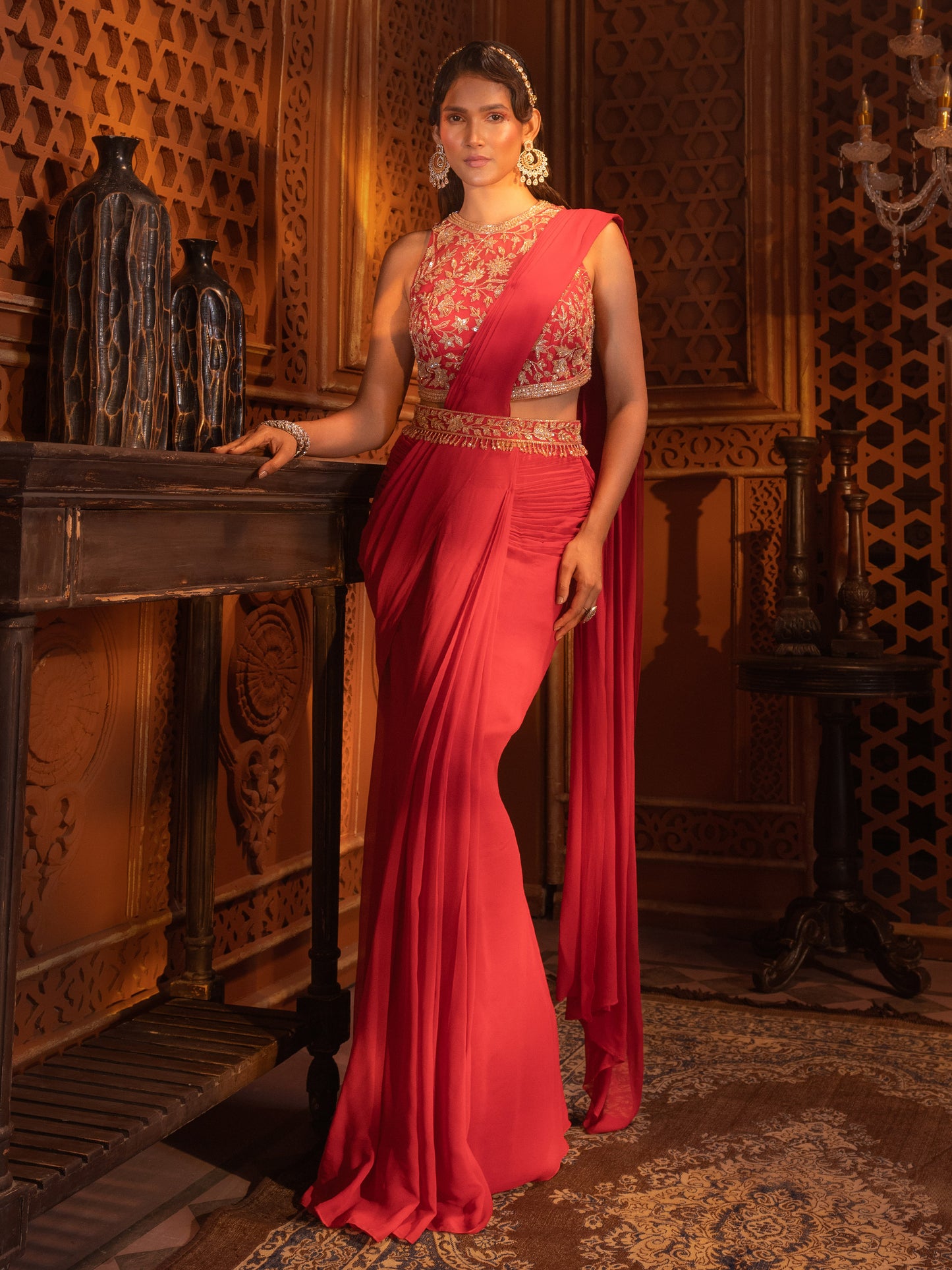 Red Embroidered Drape saree Set
