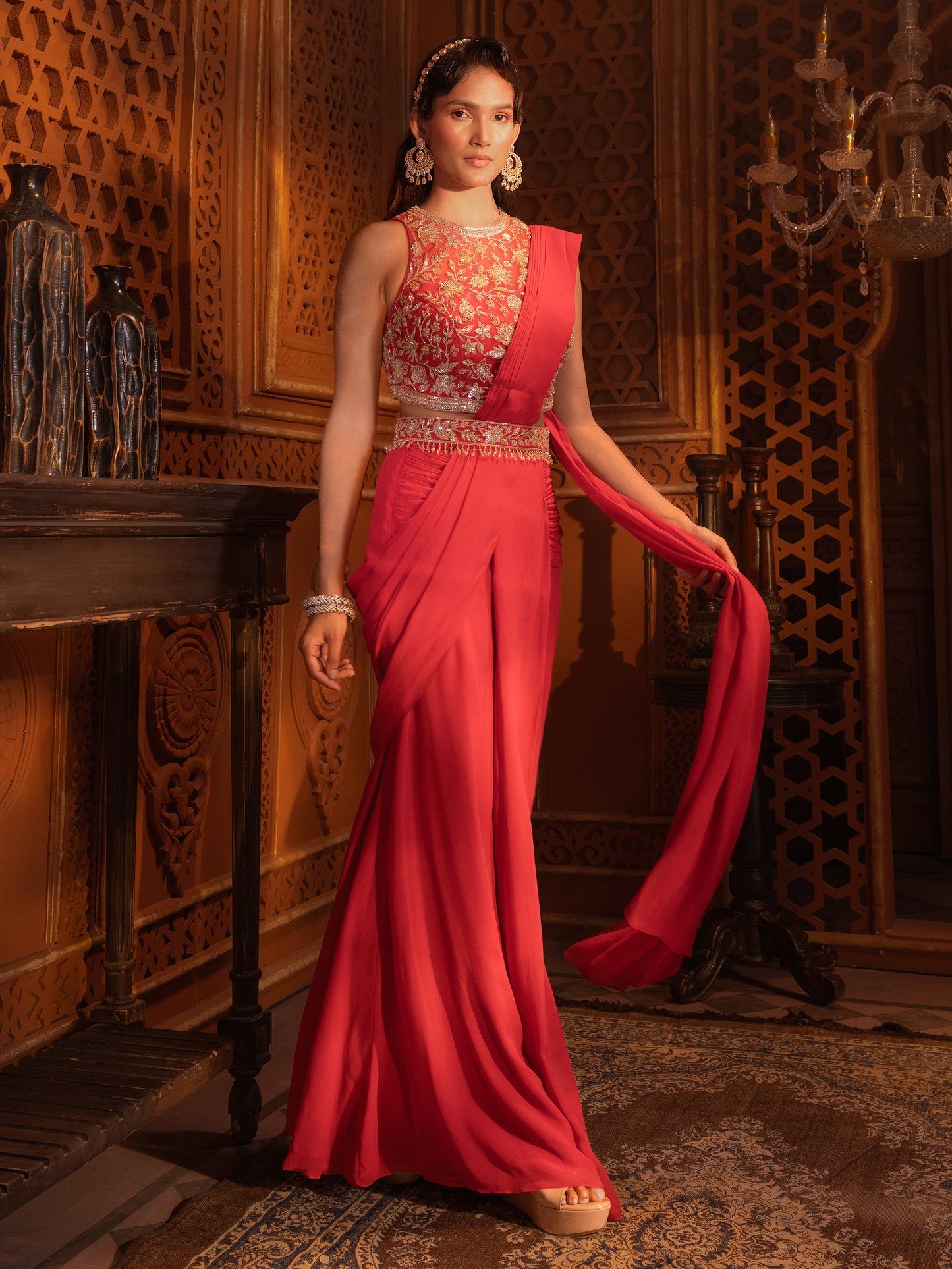 Red Embroidered Drape saree Set
