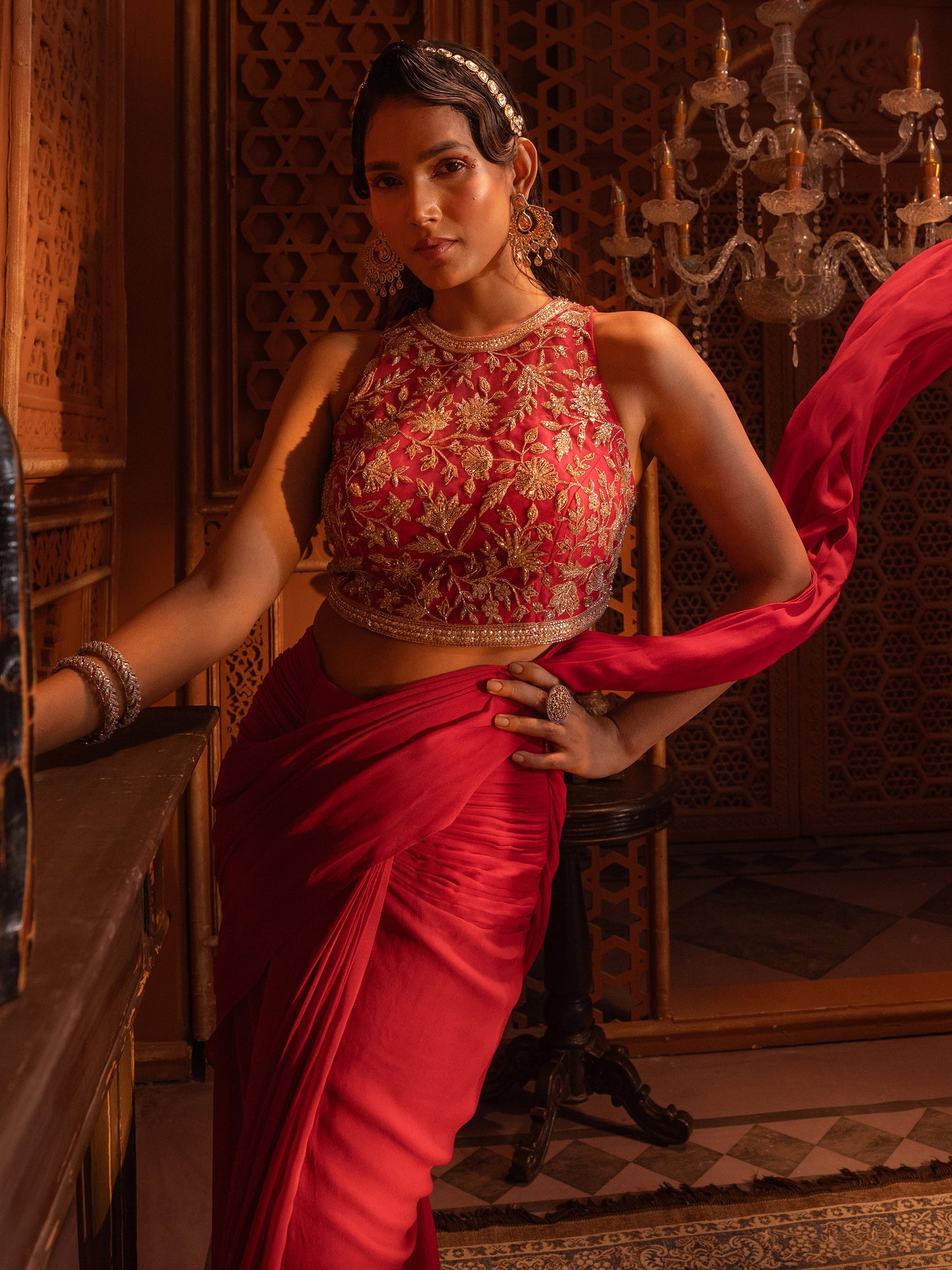 Red Embroidered Drape saree Set