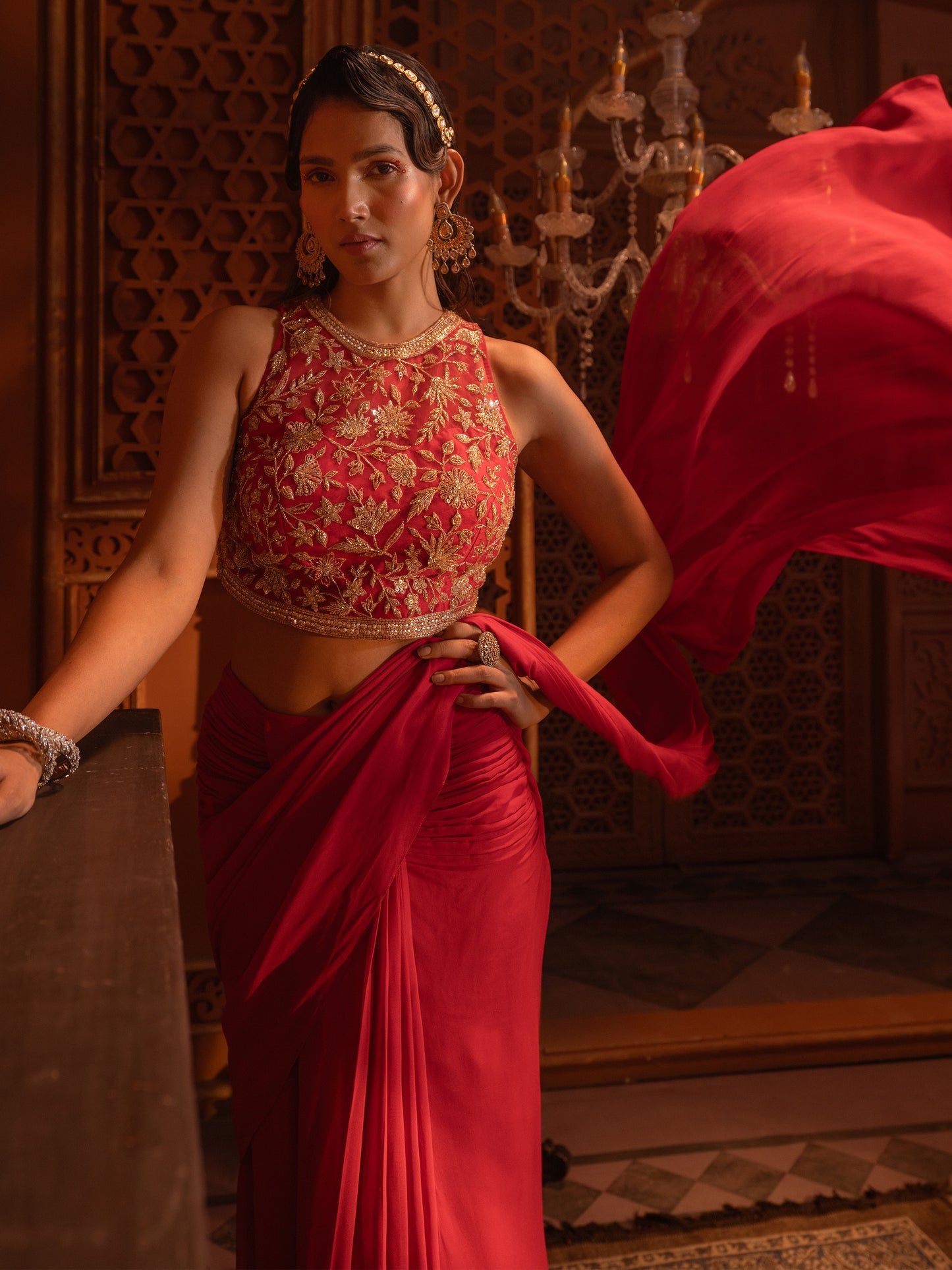 Red Embroidered Drape saree Set