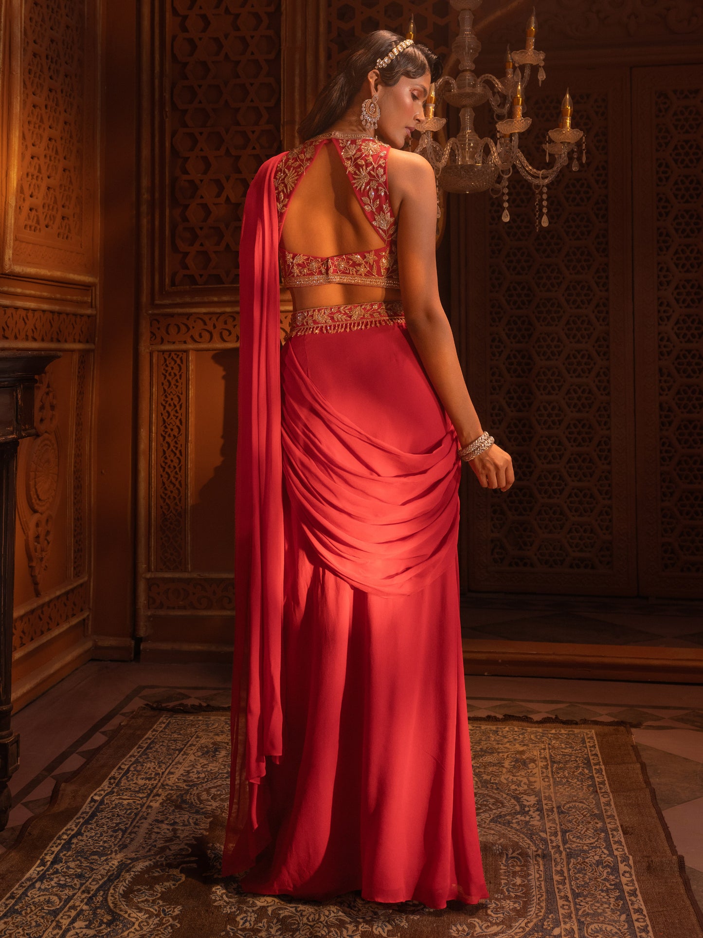 Red Embroidered Drape saree Set