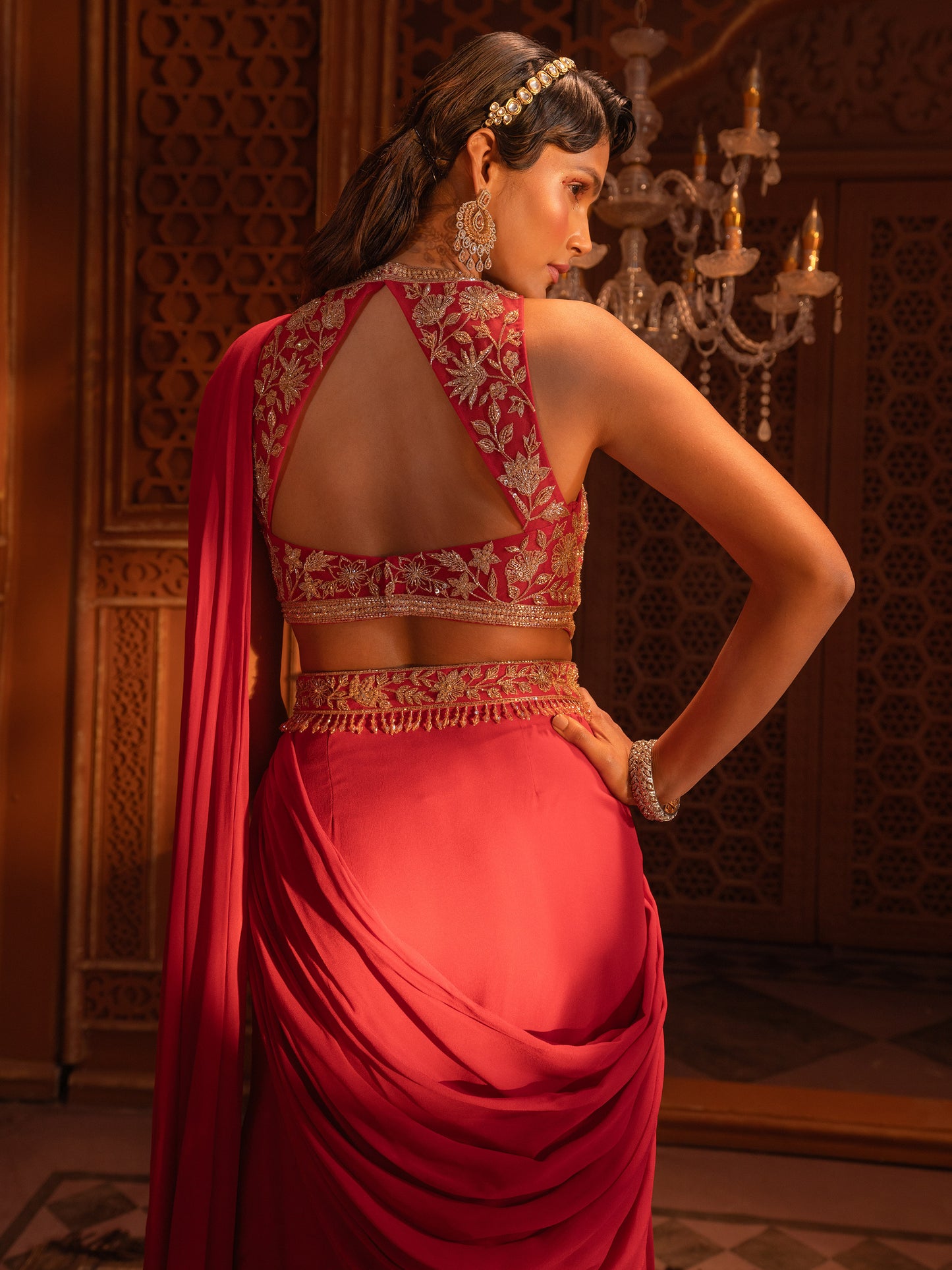 Red Embroidered Drape saree Set