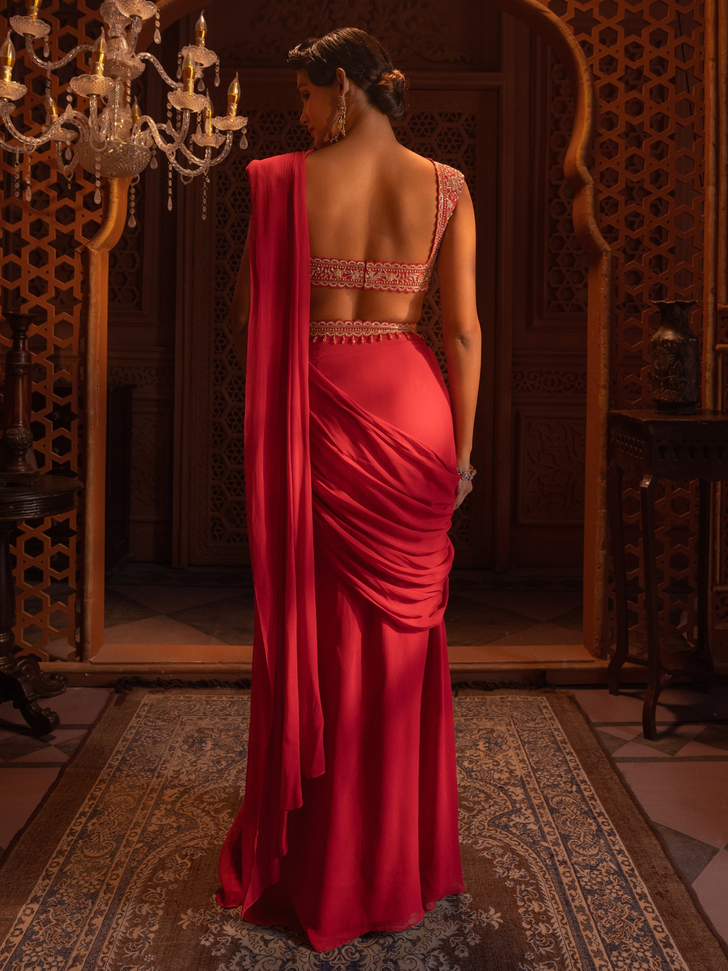 Red Embroidered Drape Saree Set