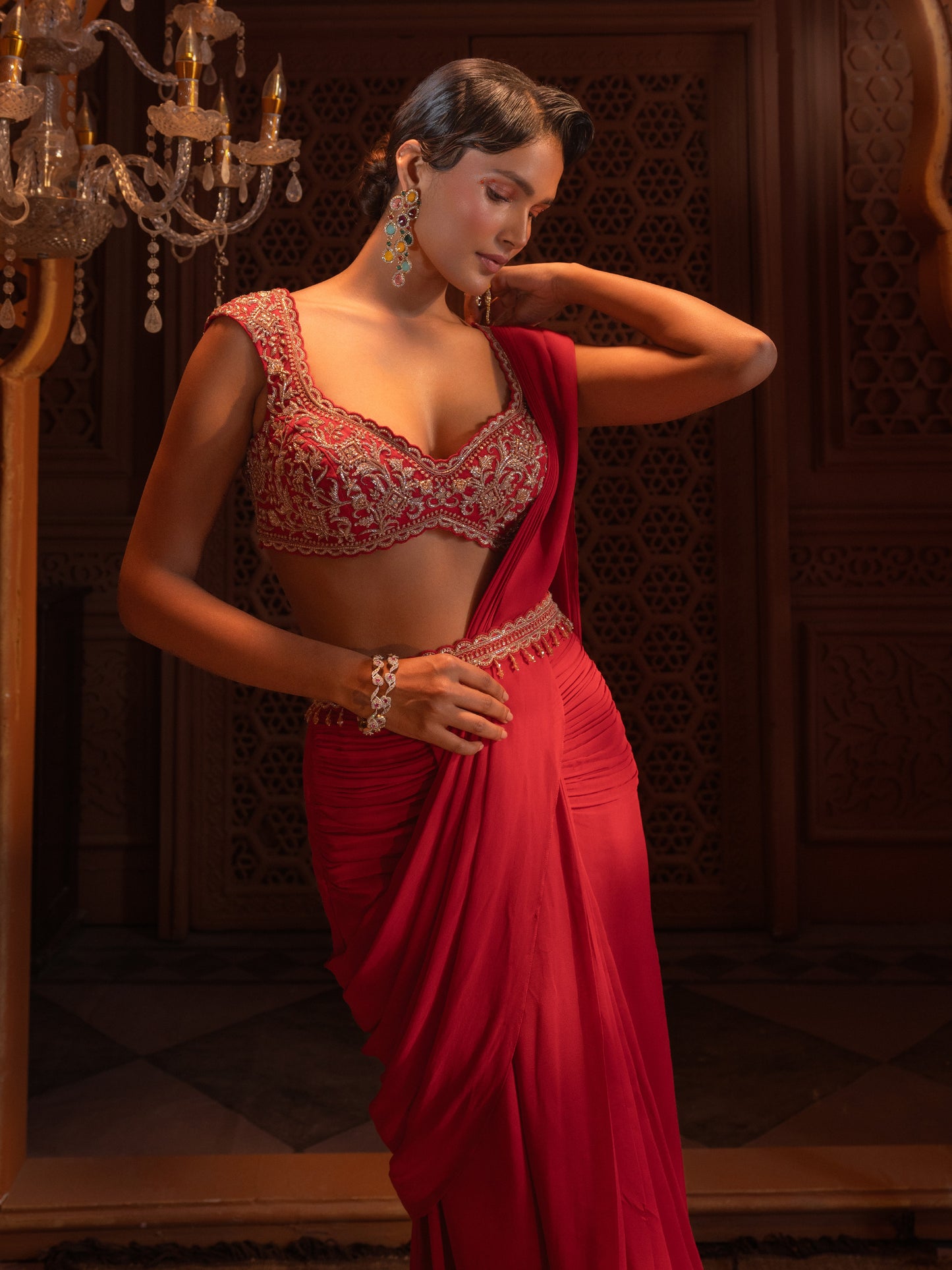 Red Embroidered Drape Saree Set
