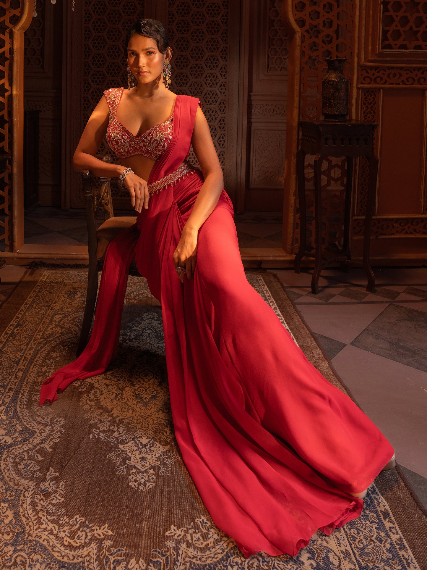 Red Embroidered Drape Saree Set