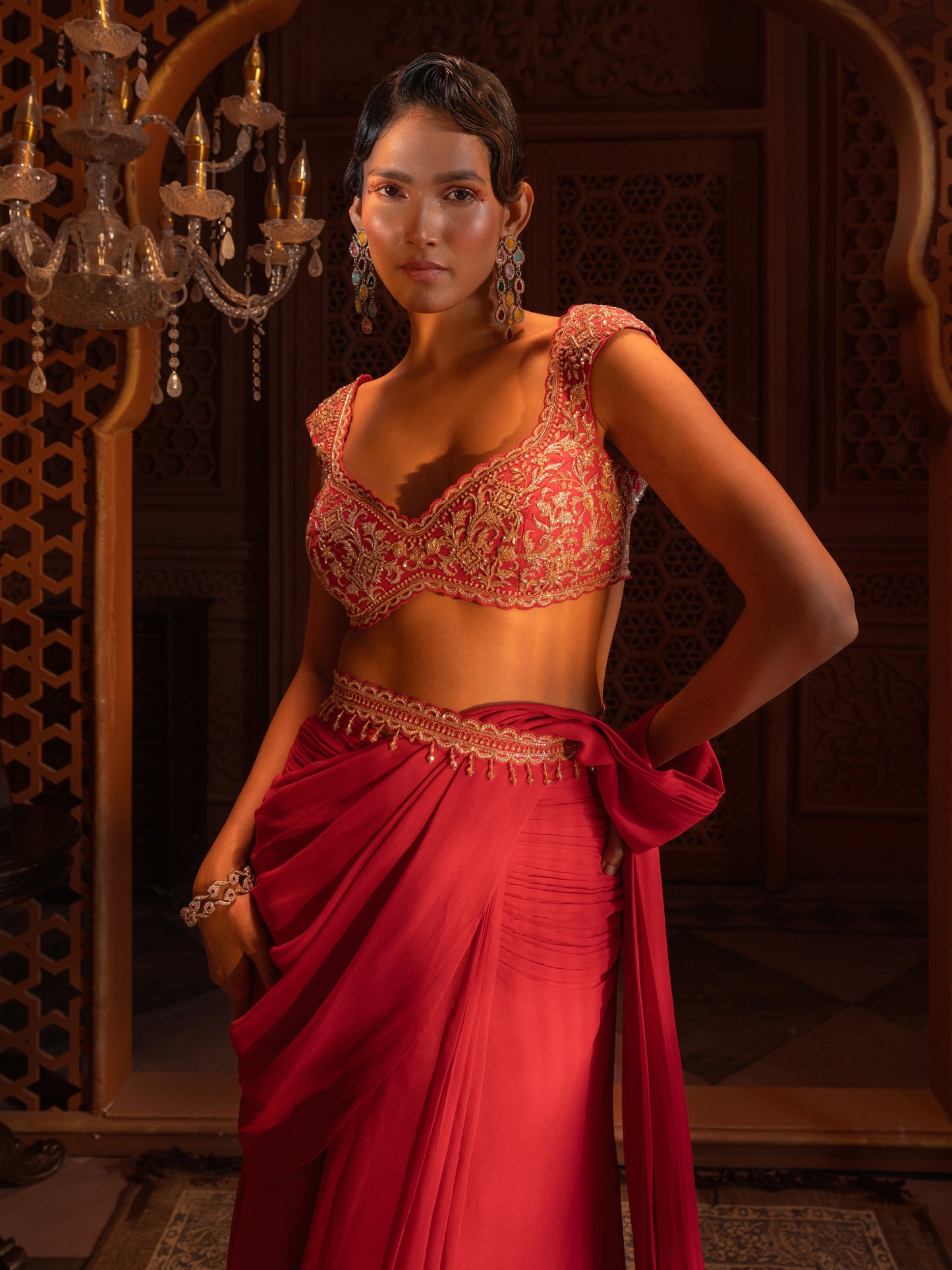 Red Embroidered Drape Saree Set