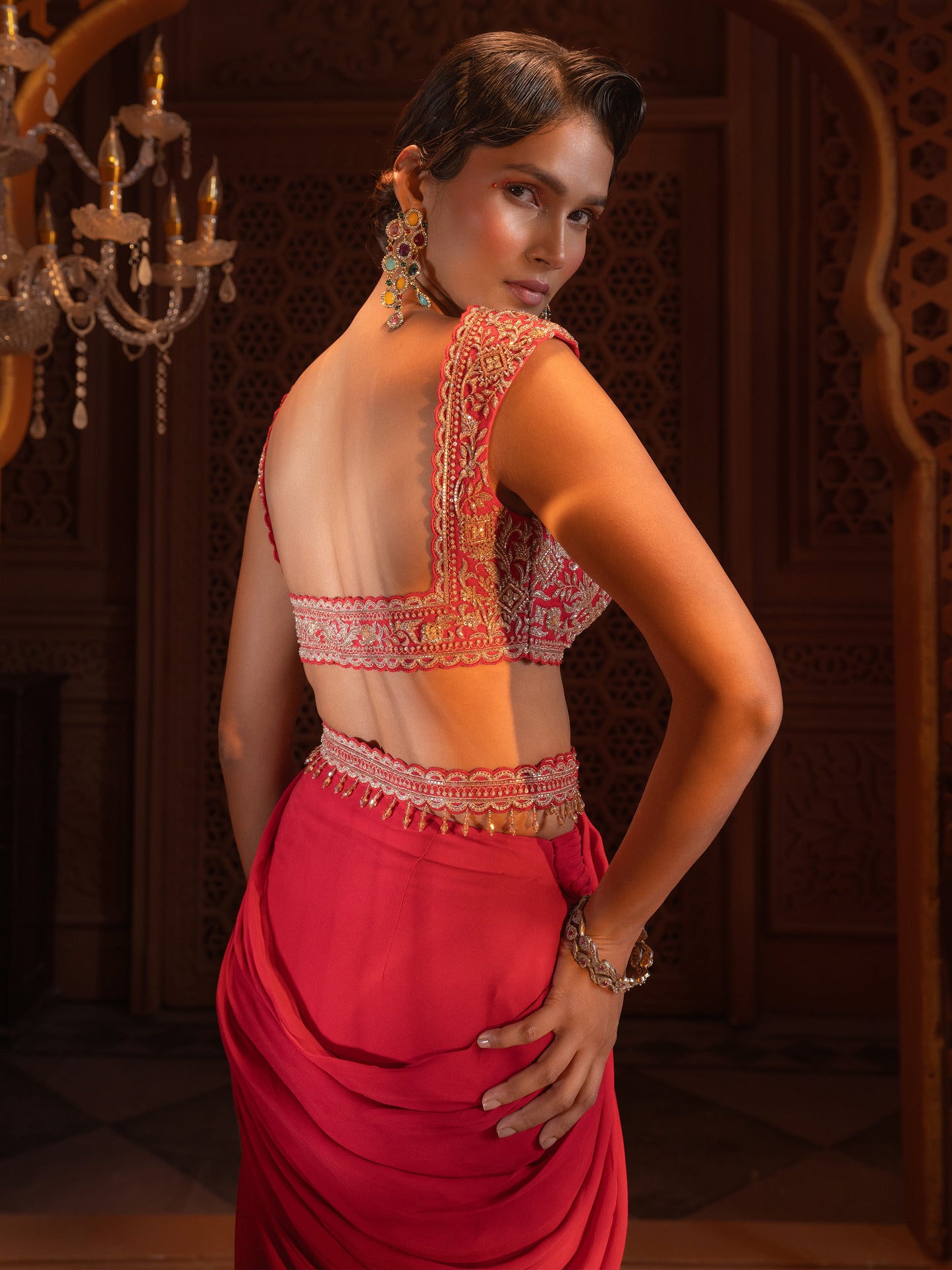 Red Embroidered Drape Saree Set