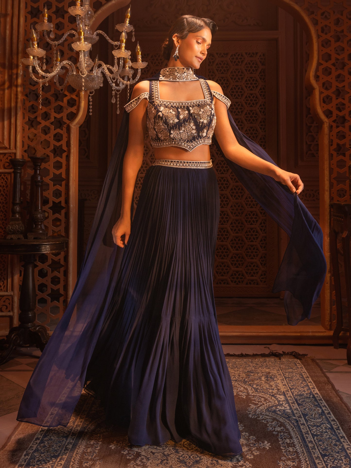 Navy Embroidered Skirt Set
