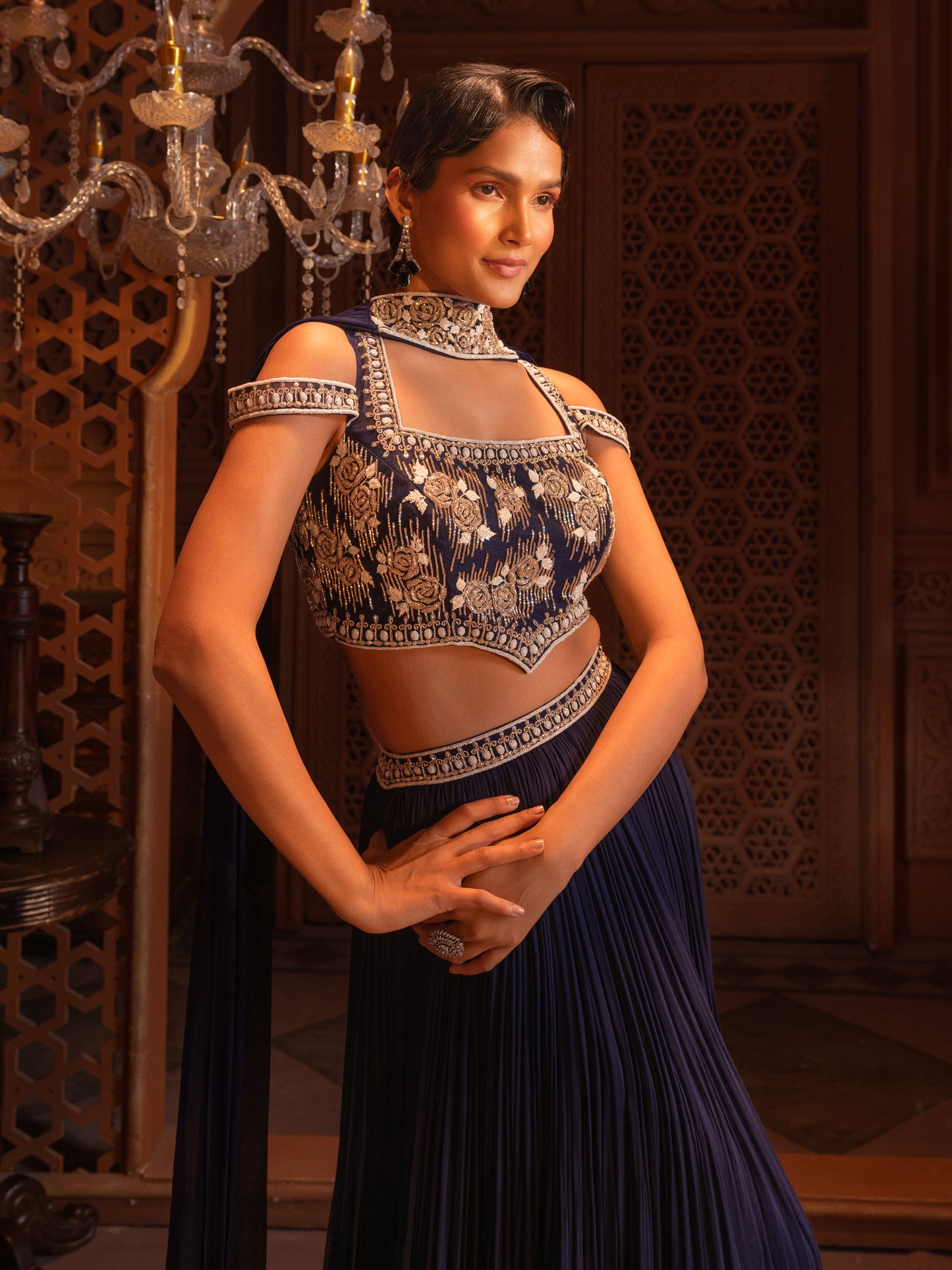 Navy Embroidered Skirt Set