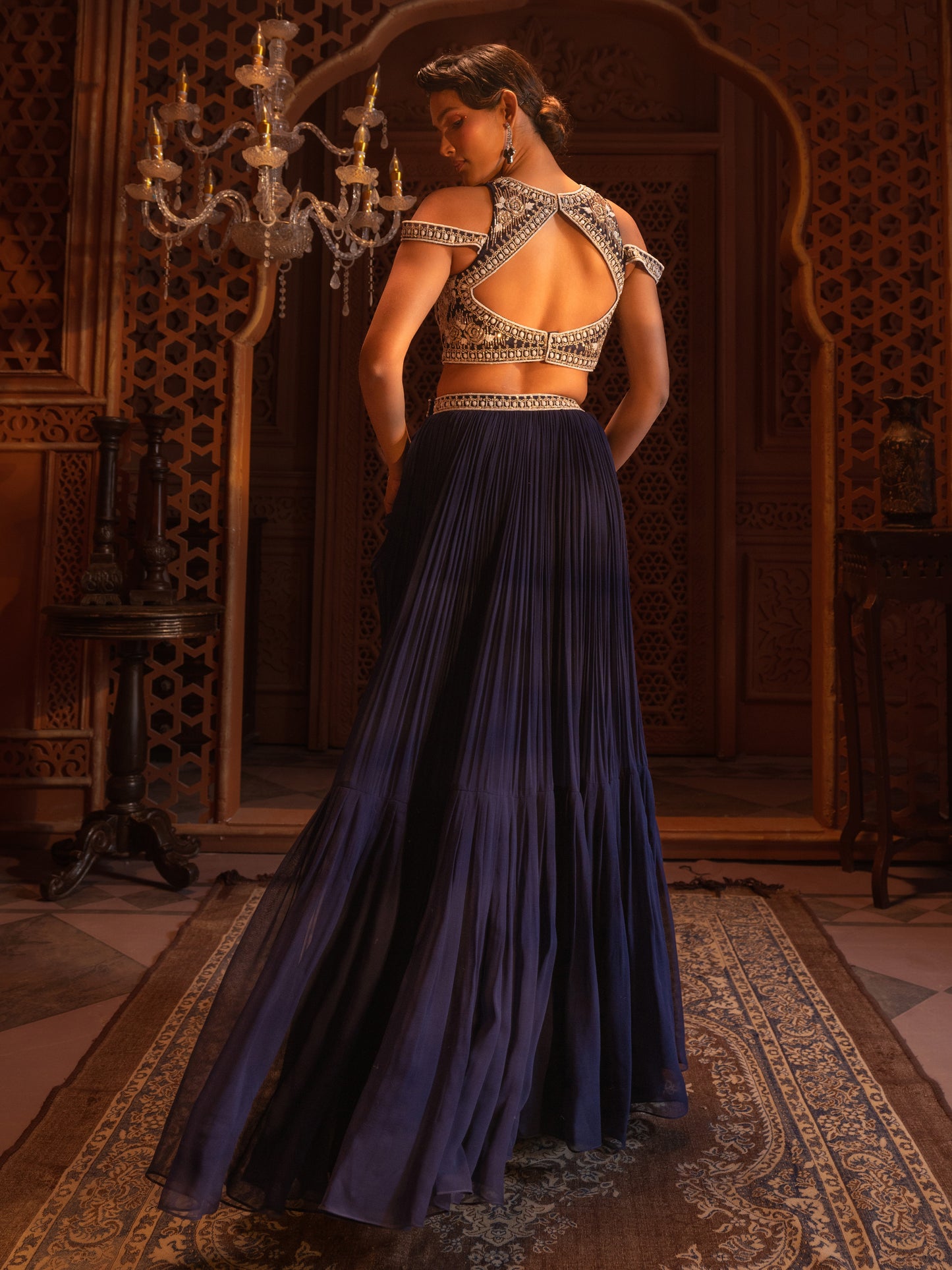 Navy Embroidered Skirt Set