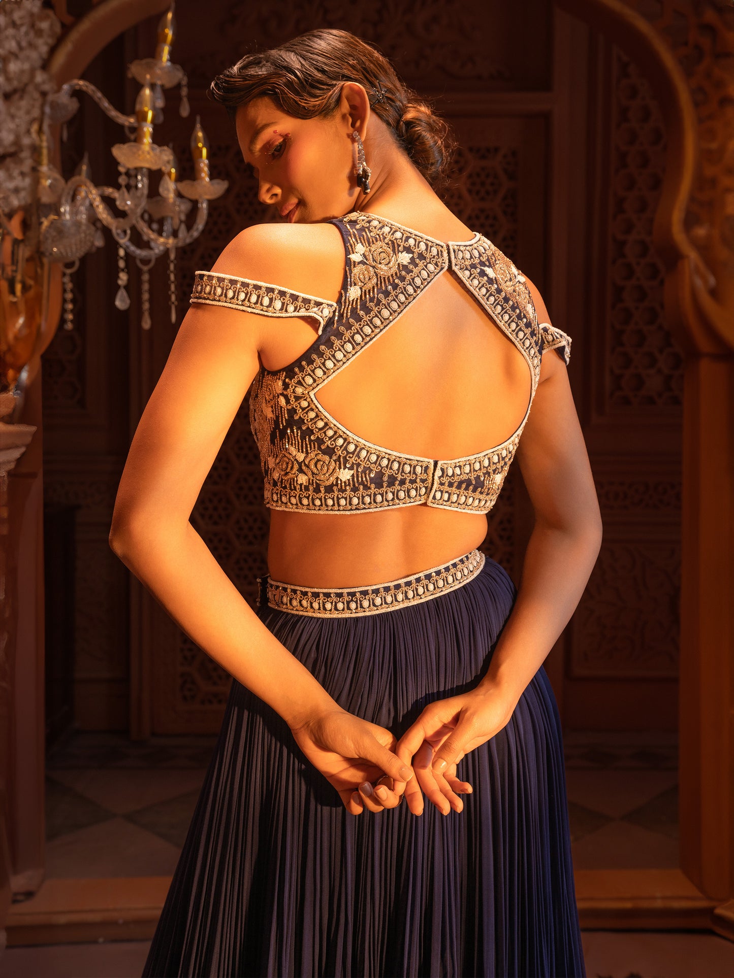 Navy Embroidered Skirt Set