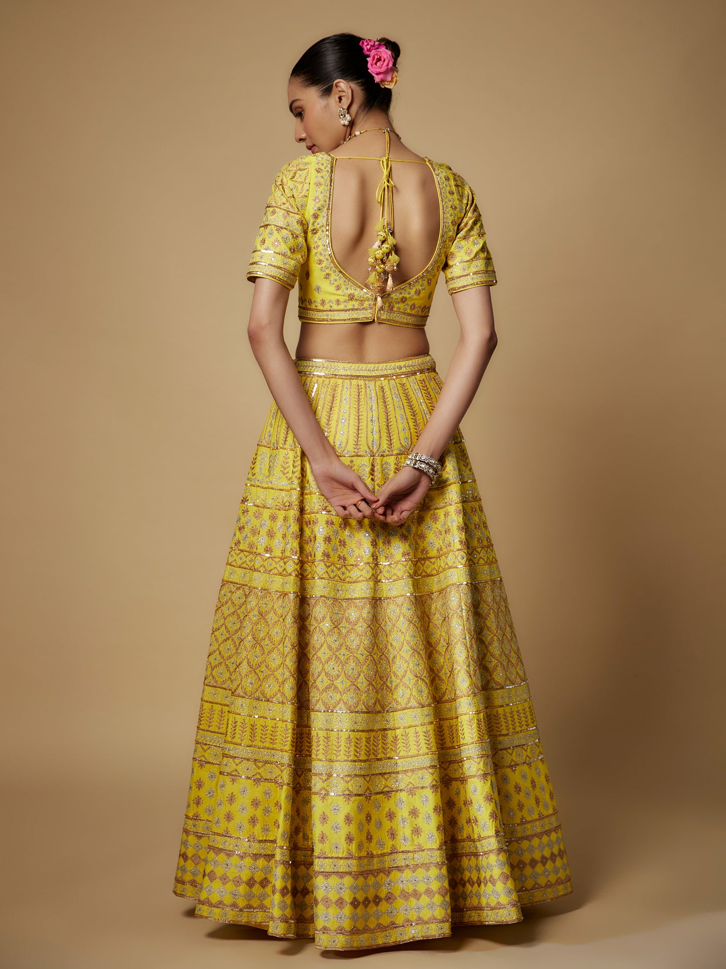 Yellow Rawsilk Aari Work Lehenga Set with Emboidered Dupatta