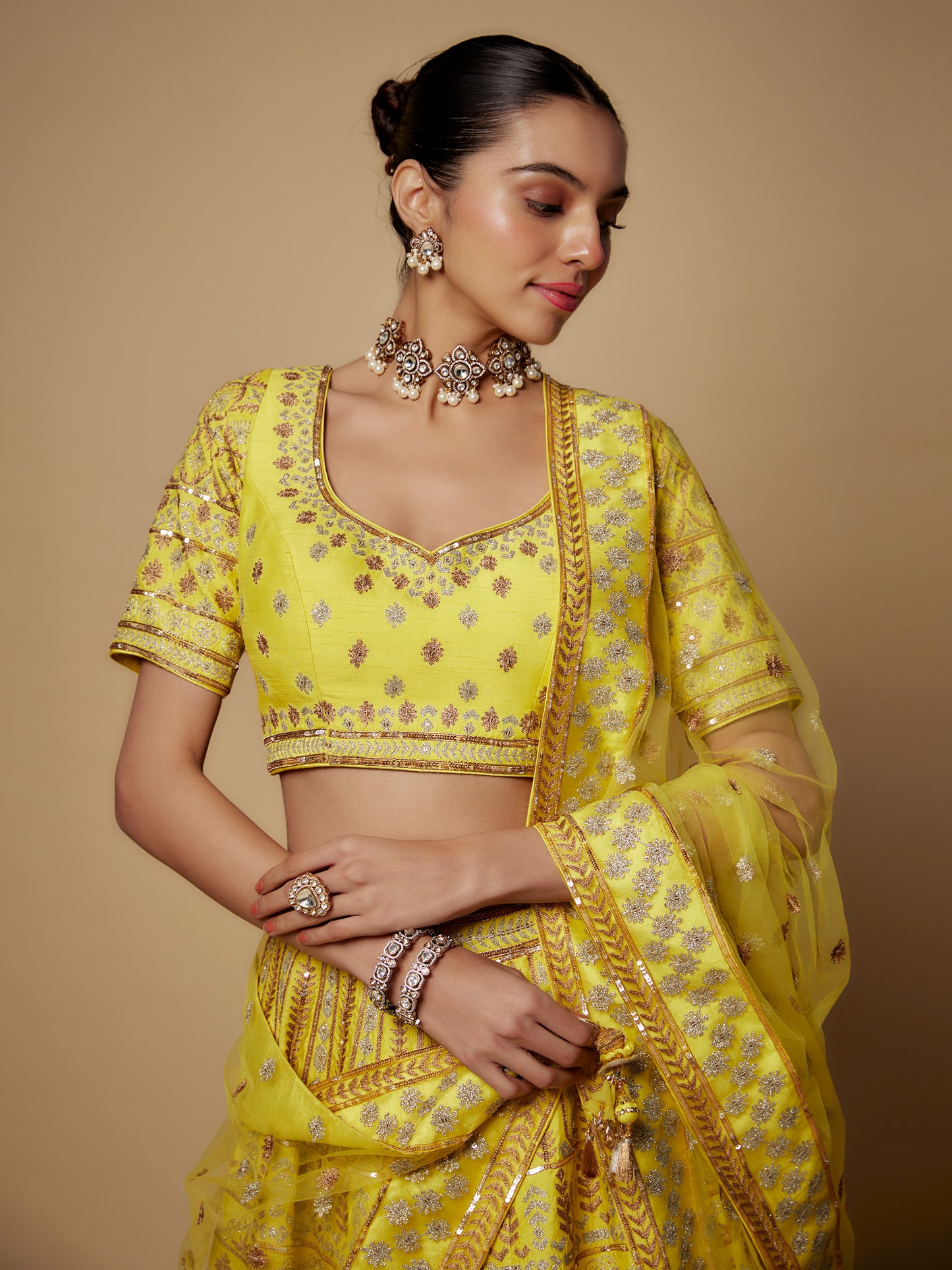 Yellow Rawsilk Aari Work Lehenga Set with Emboidered Dupatta