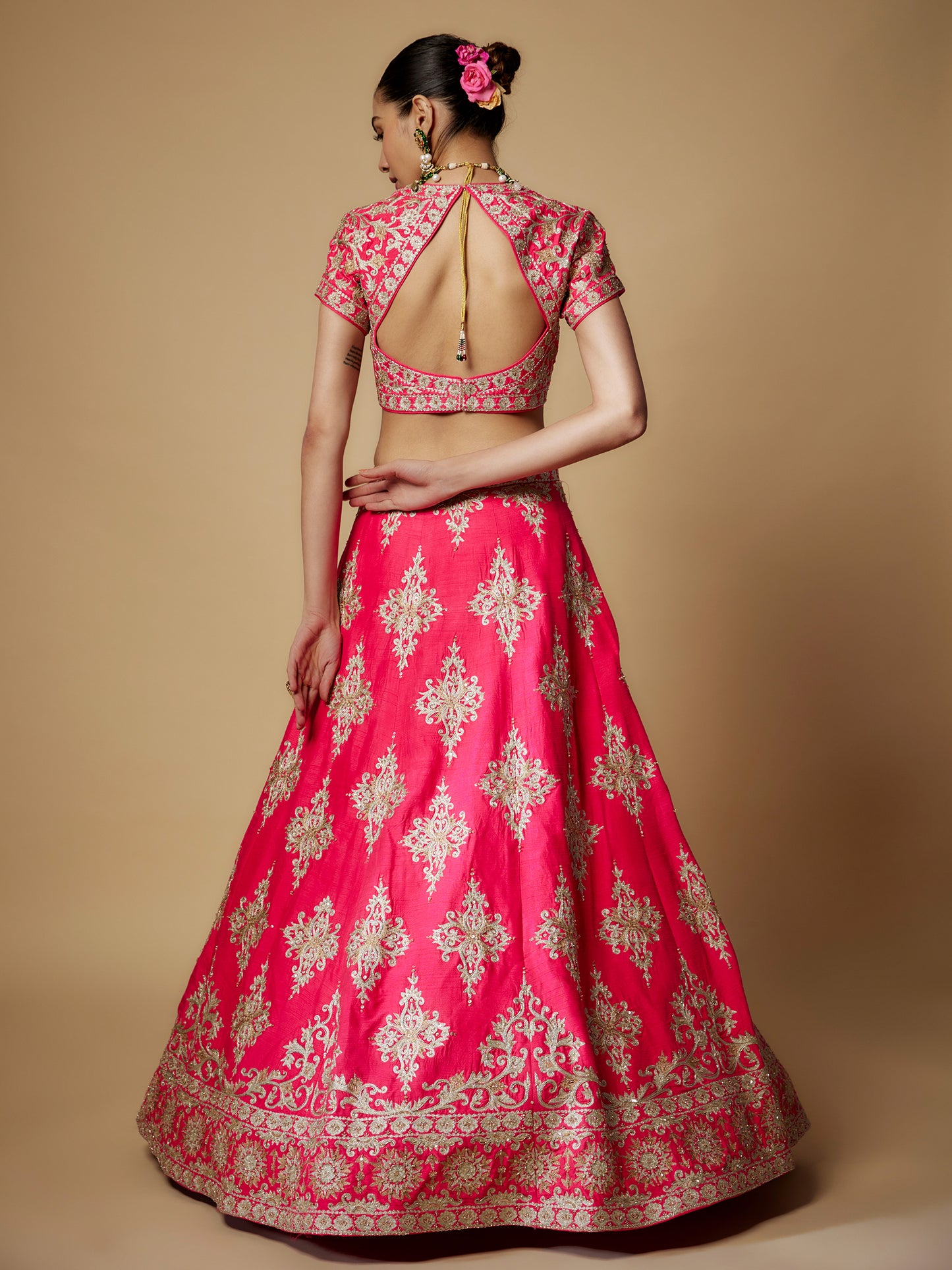 Fuchsia Pink Rawsilk Aari work Lehenga Set with Embroidered Dupatta