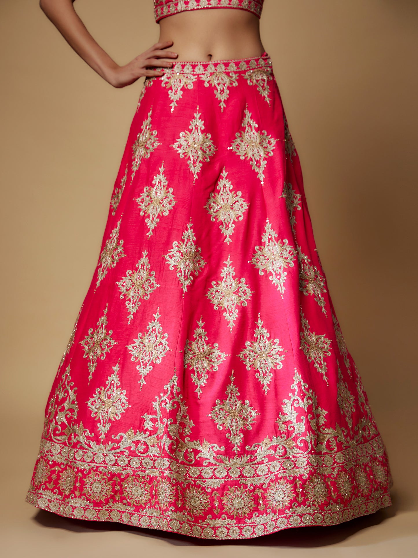 Fuchsia Pink Rawsilk Aari work Lehenga Set with Embroidered Dupatta