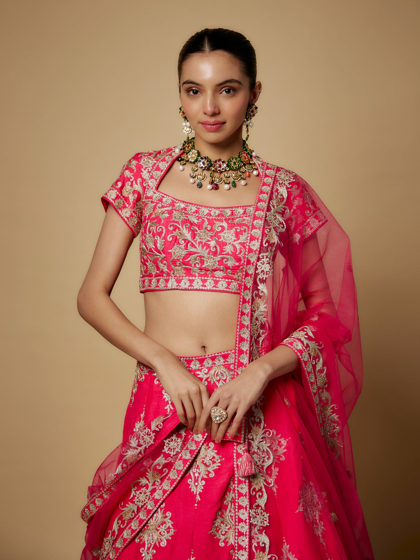 Fuchsia Pink Rawsilk Aari work Lehenga Set with Embroidered Dupatta