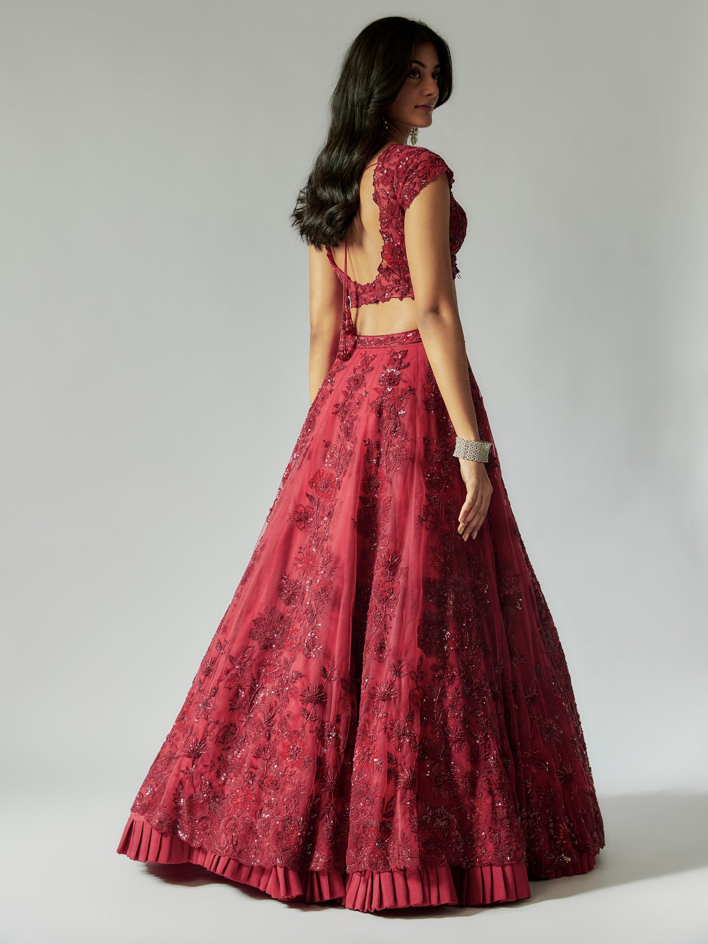 Red Net Lehenga Set with Embroidery