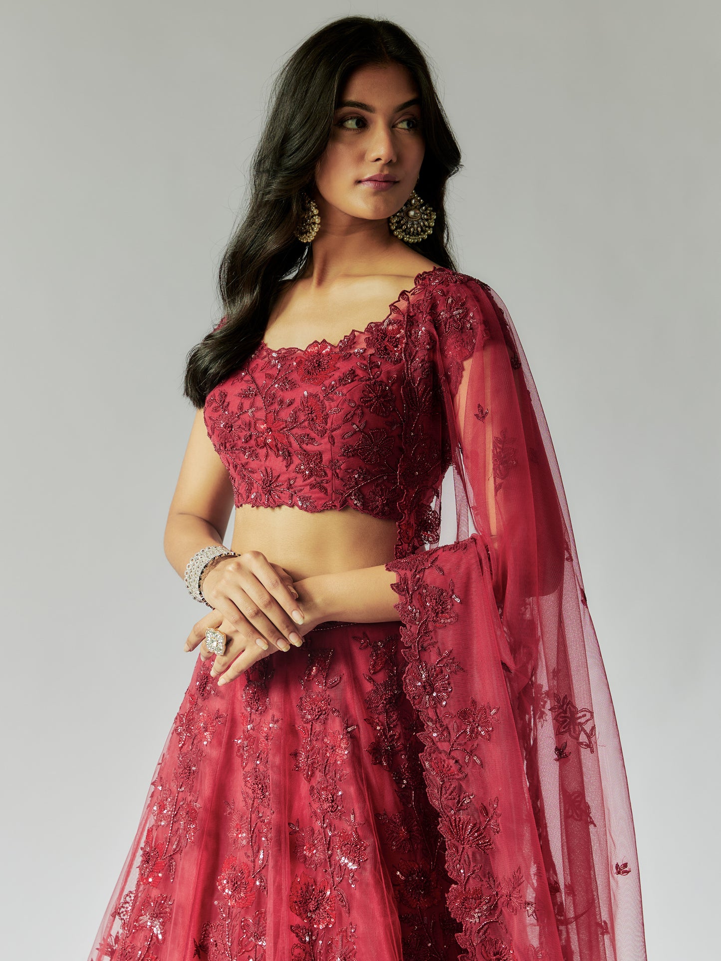 Red Net Lehenga Set with Embroidery