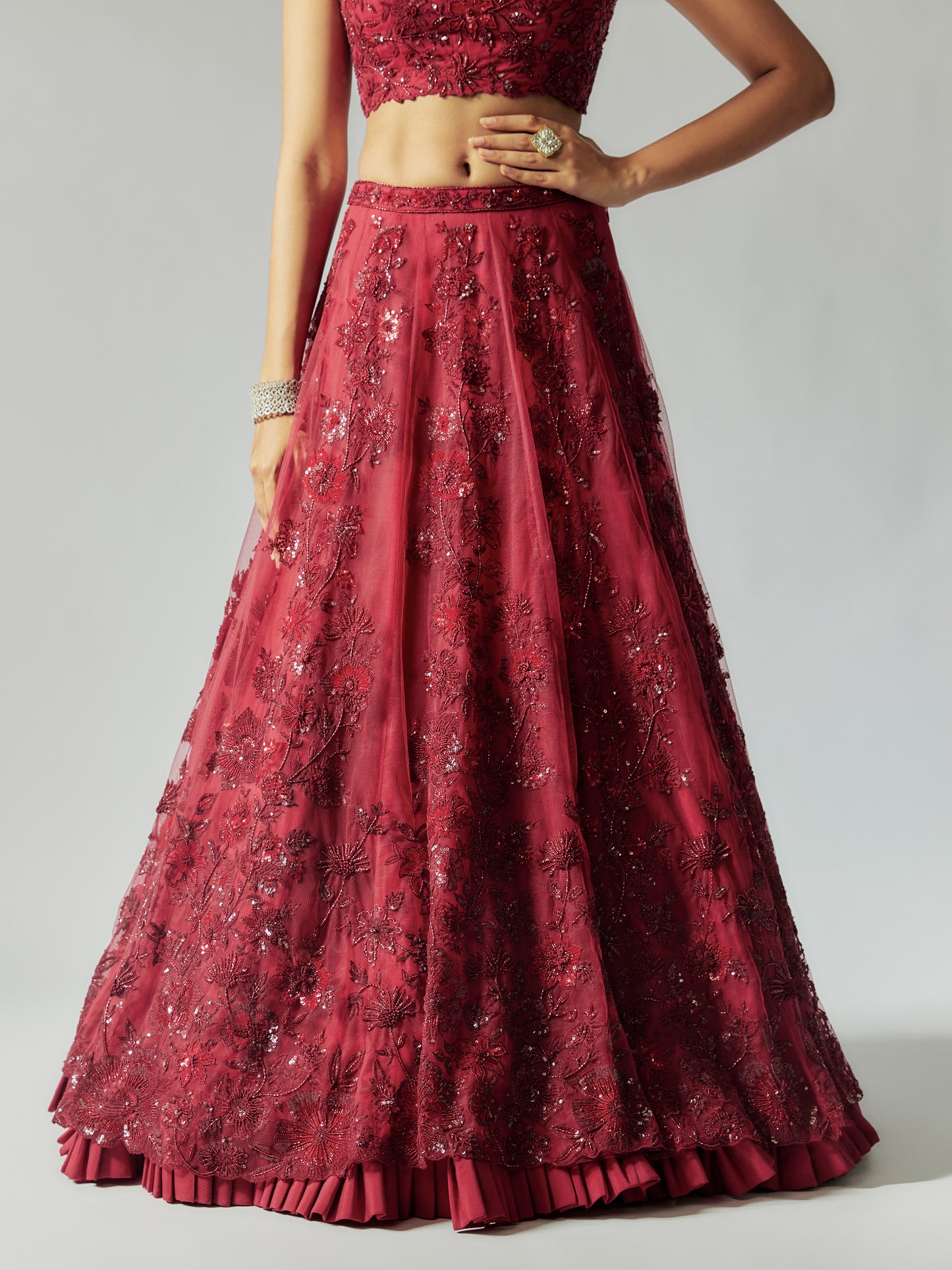Red Net Lehenga Set with Embroidery
