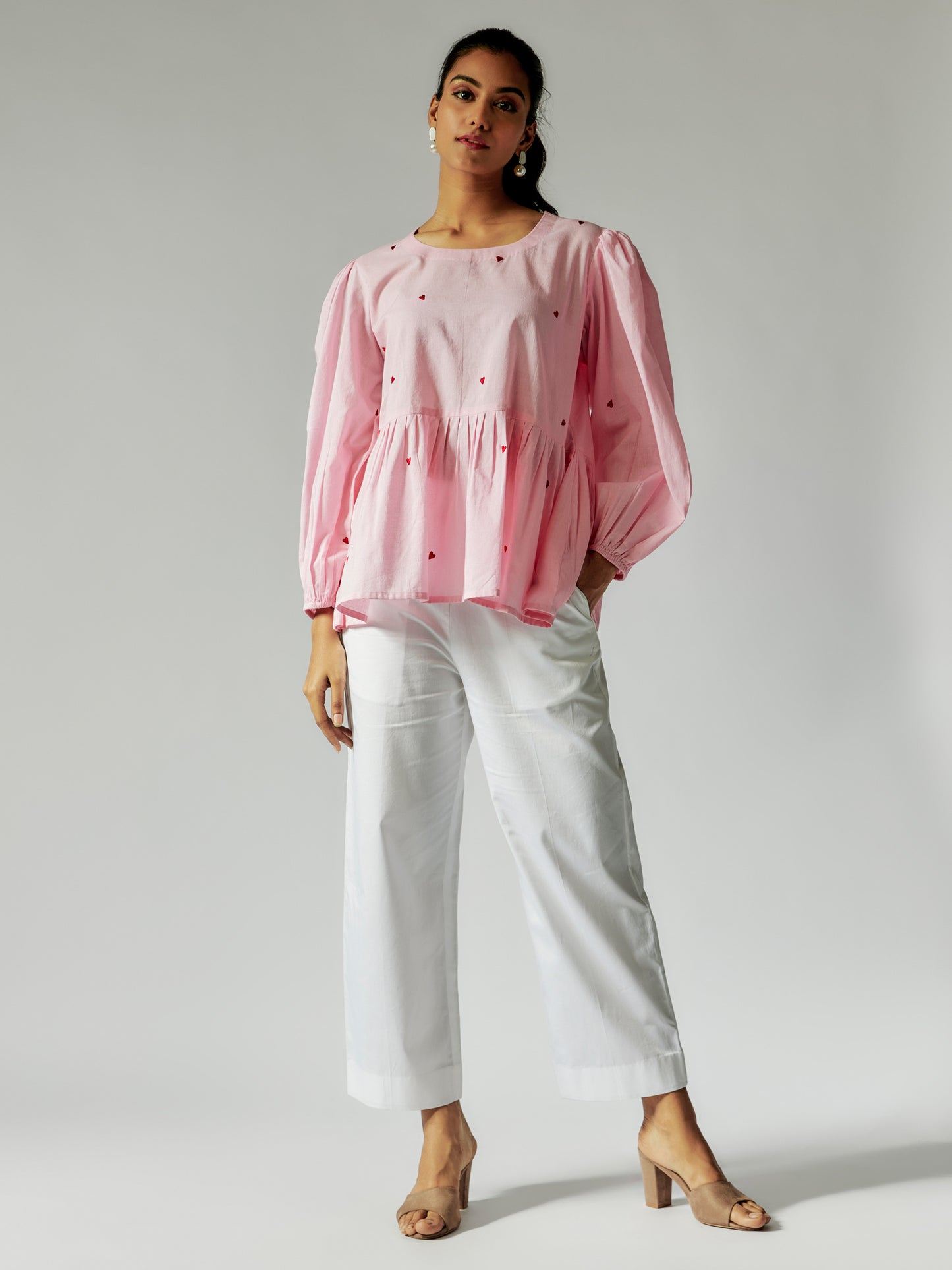 Pink Cotton Mul Co-ord Set with Red Heart Embroidery