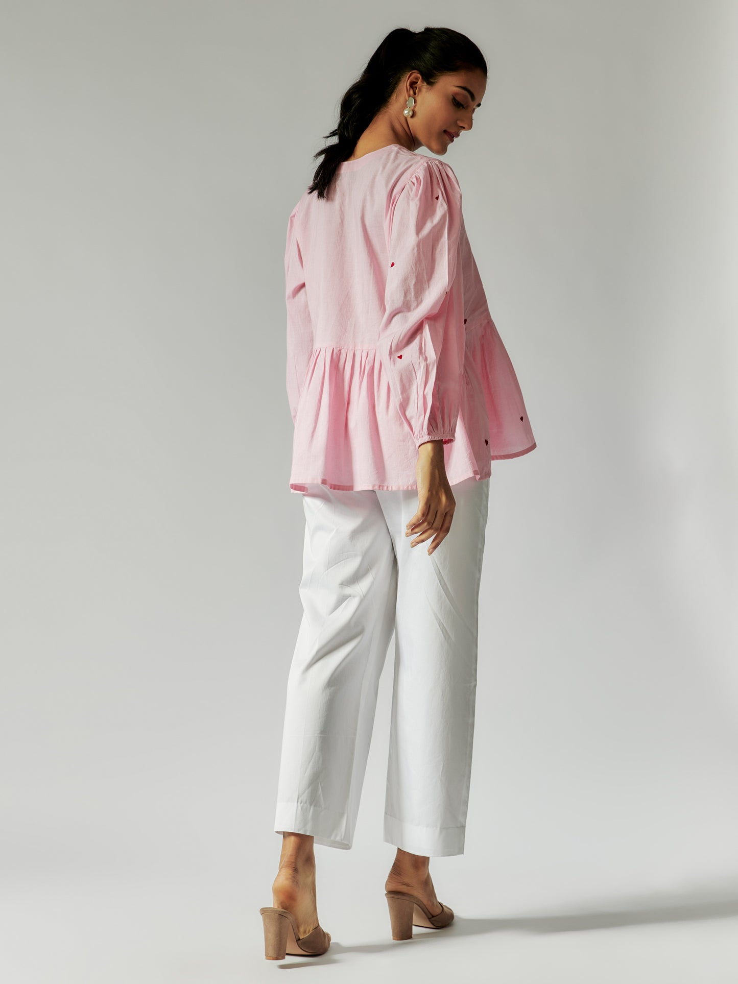 Pink Cotton Mul Co-ord Set with Red Heart Embroidery
