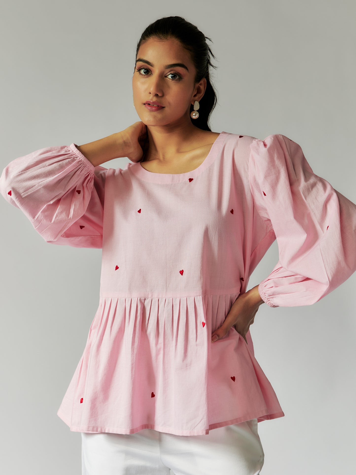 Pink Cotton Mul Top with Red Heart Embroidery