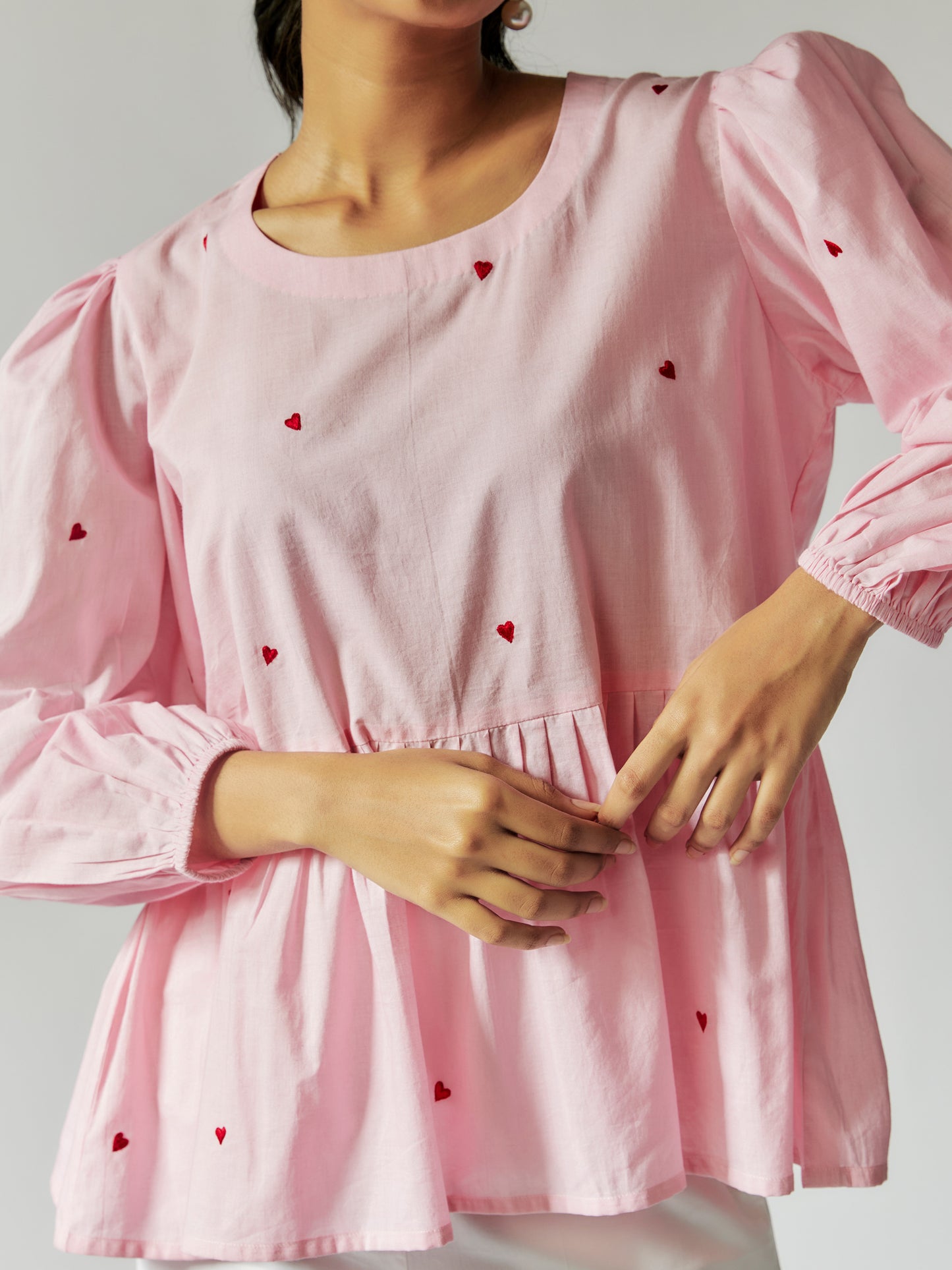 Pink Cotton Mul Top with Red Heart Embroidery
