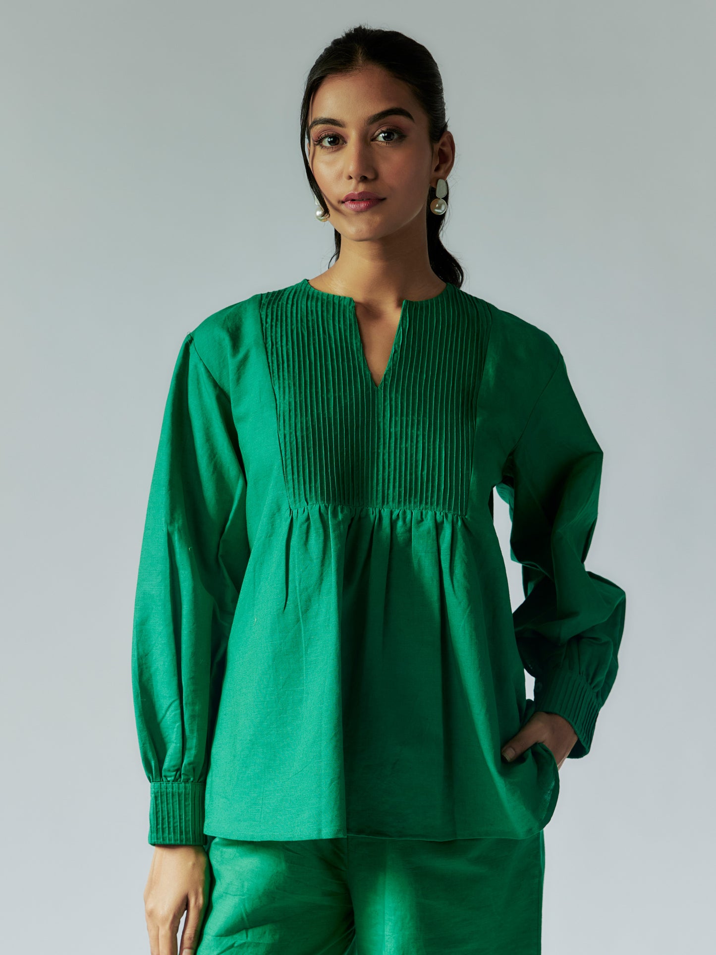 Green Cotton Linen Top with Pintuck Detailed Yoke