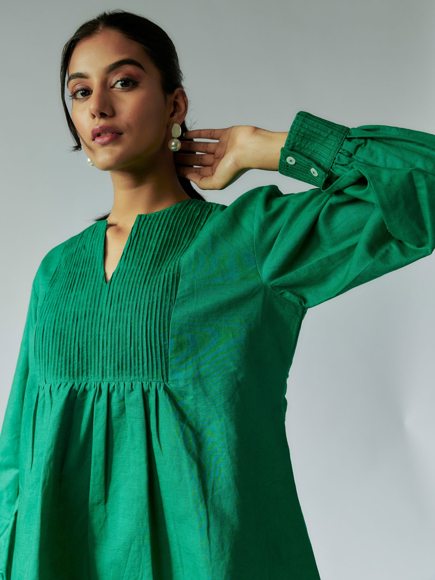 Green Cotton Linen Top with Pintuck Detailed Yoke