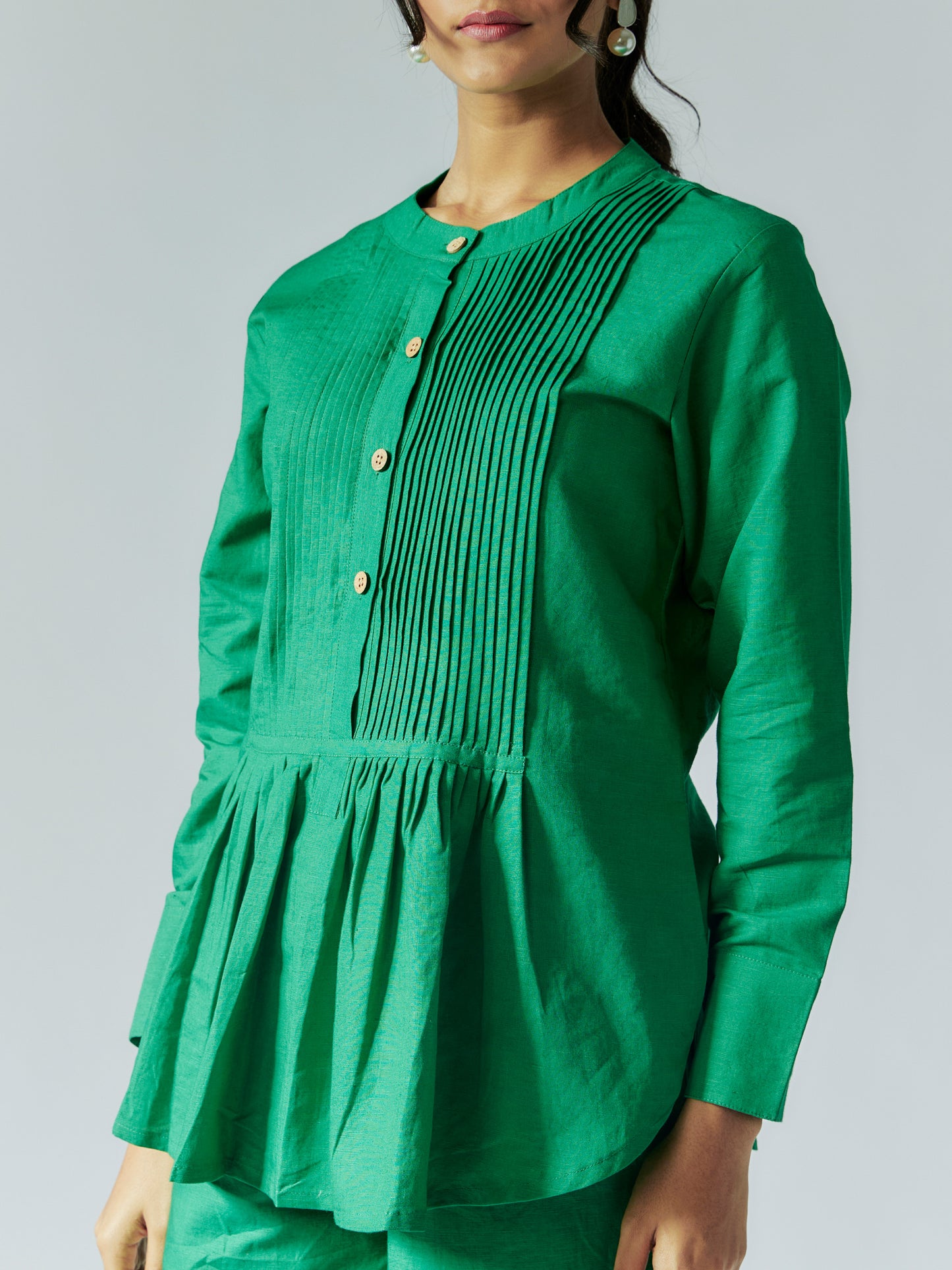 Green Cotton Linen Pleated Top