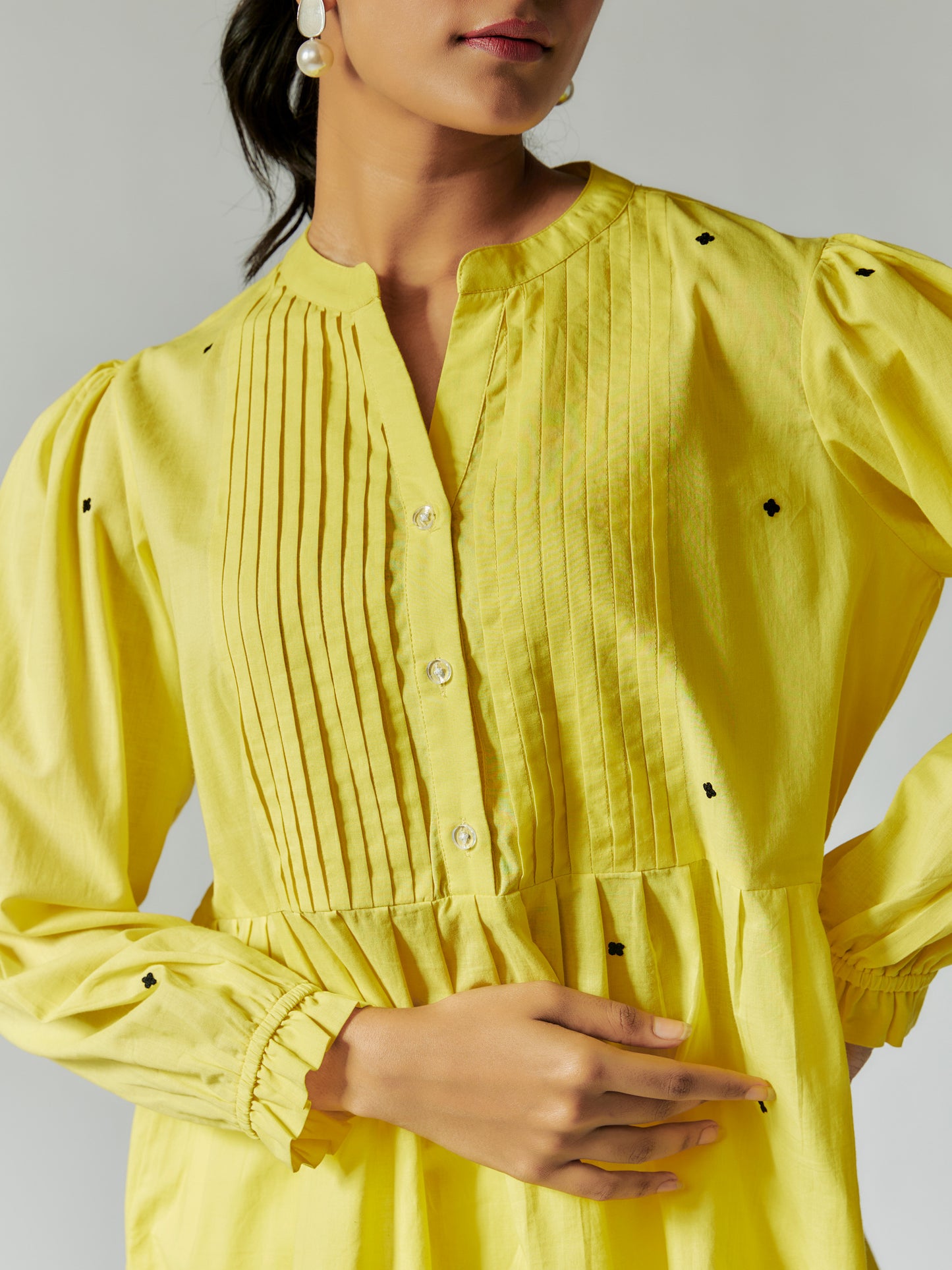 Lime Yellow Cotton Mul Shirt with Machine Embroidery