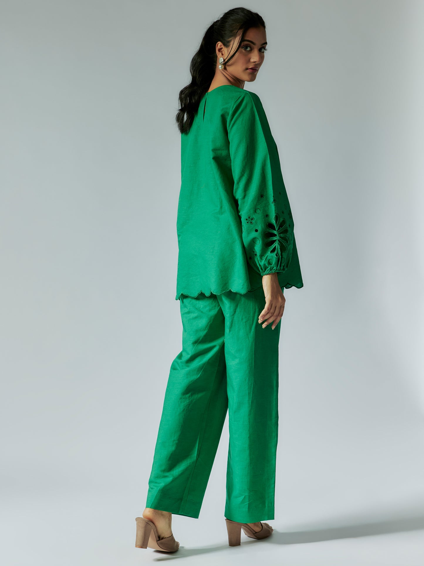 Green Cotton Linen Co-ord Set with Cut-Work