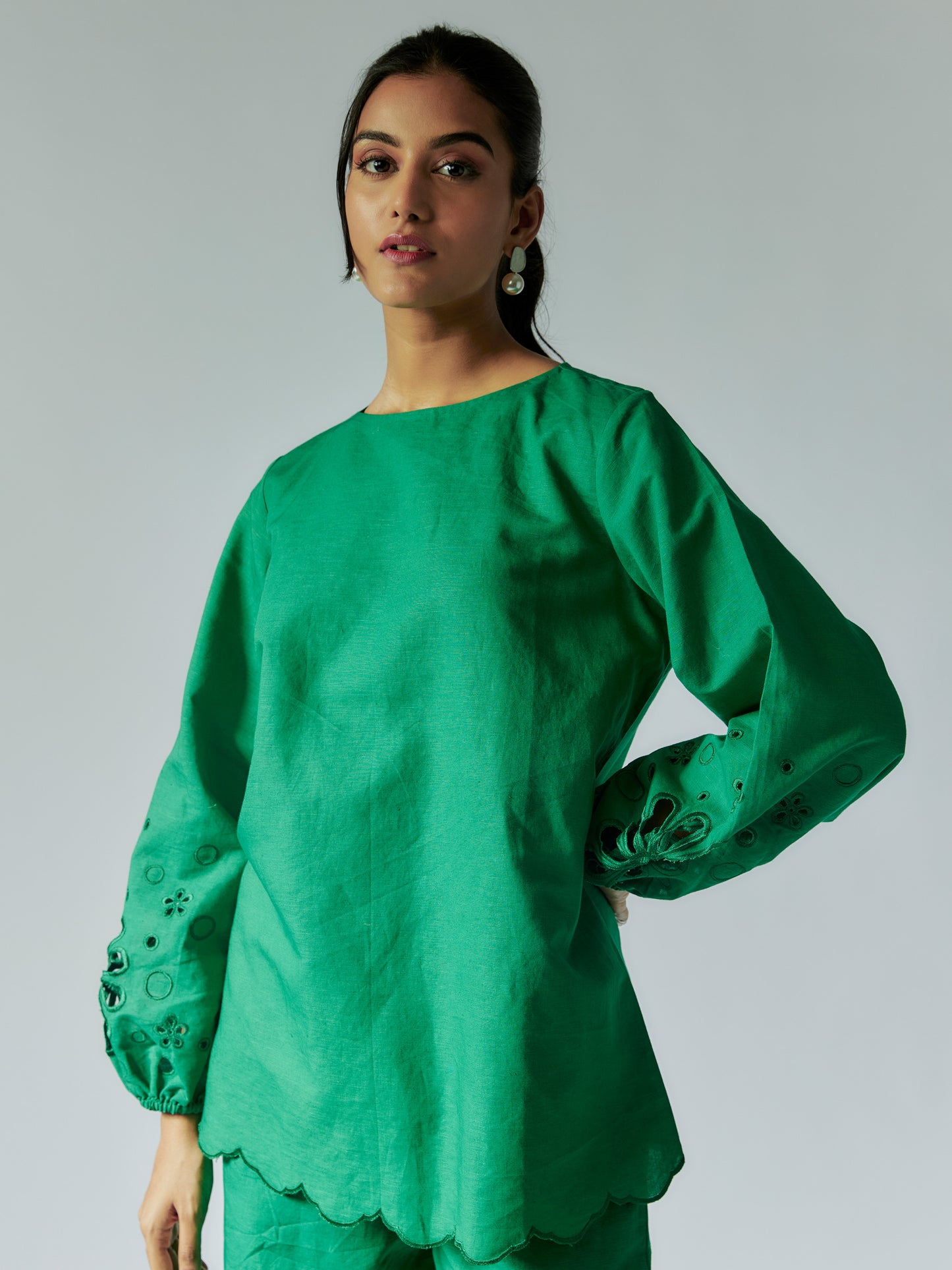 Green Cotton Linen Co-ord Set with Cut-Work