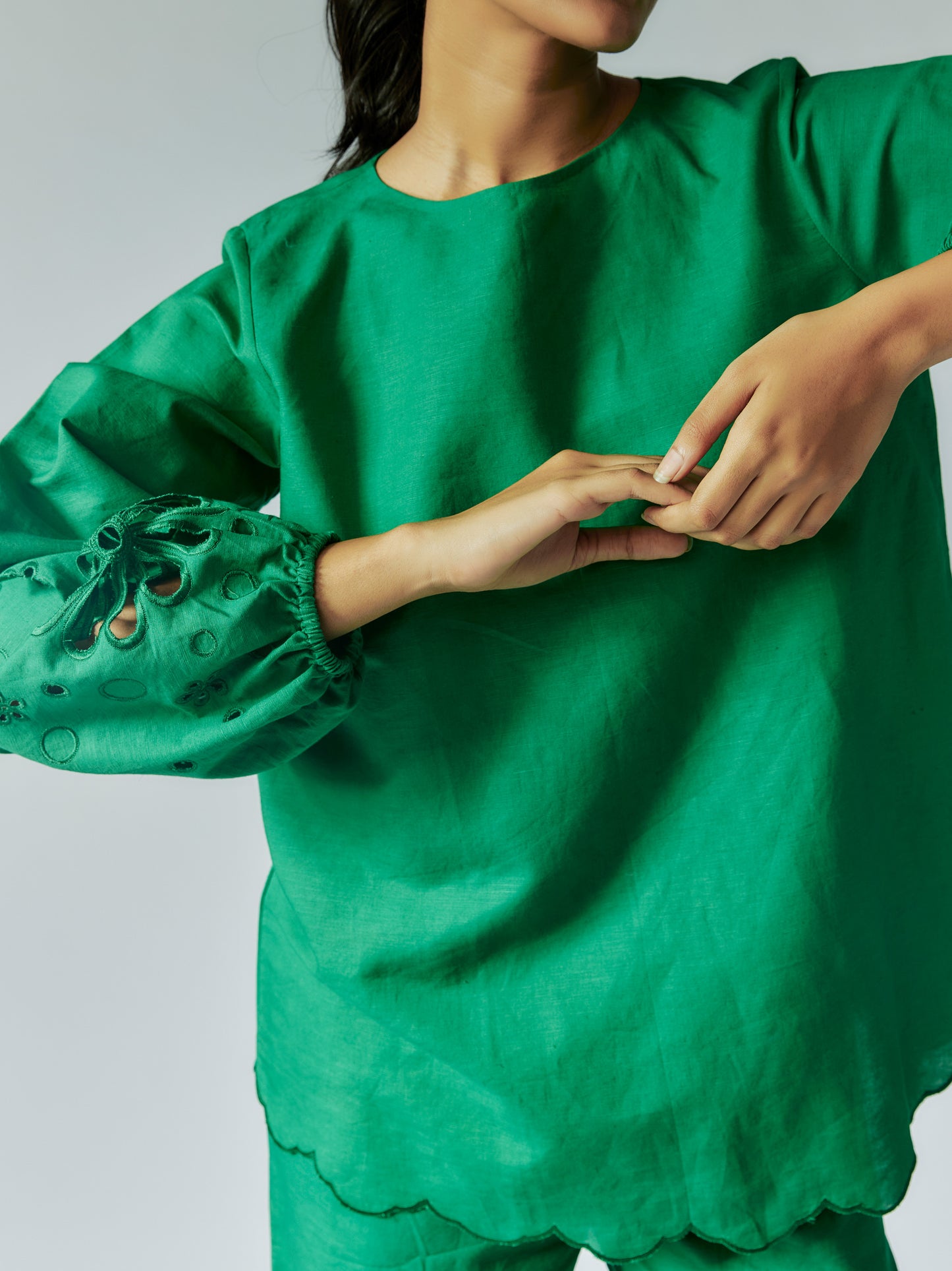 Green Cotton Linen Co-ord Set with Cut-Work
