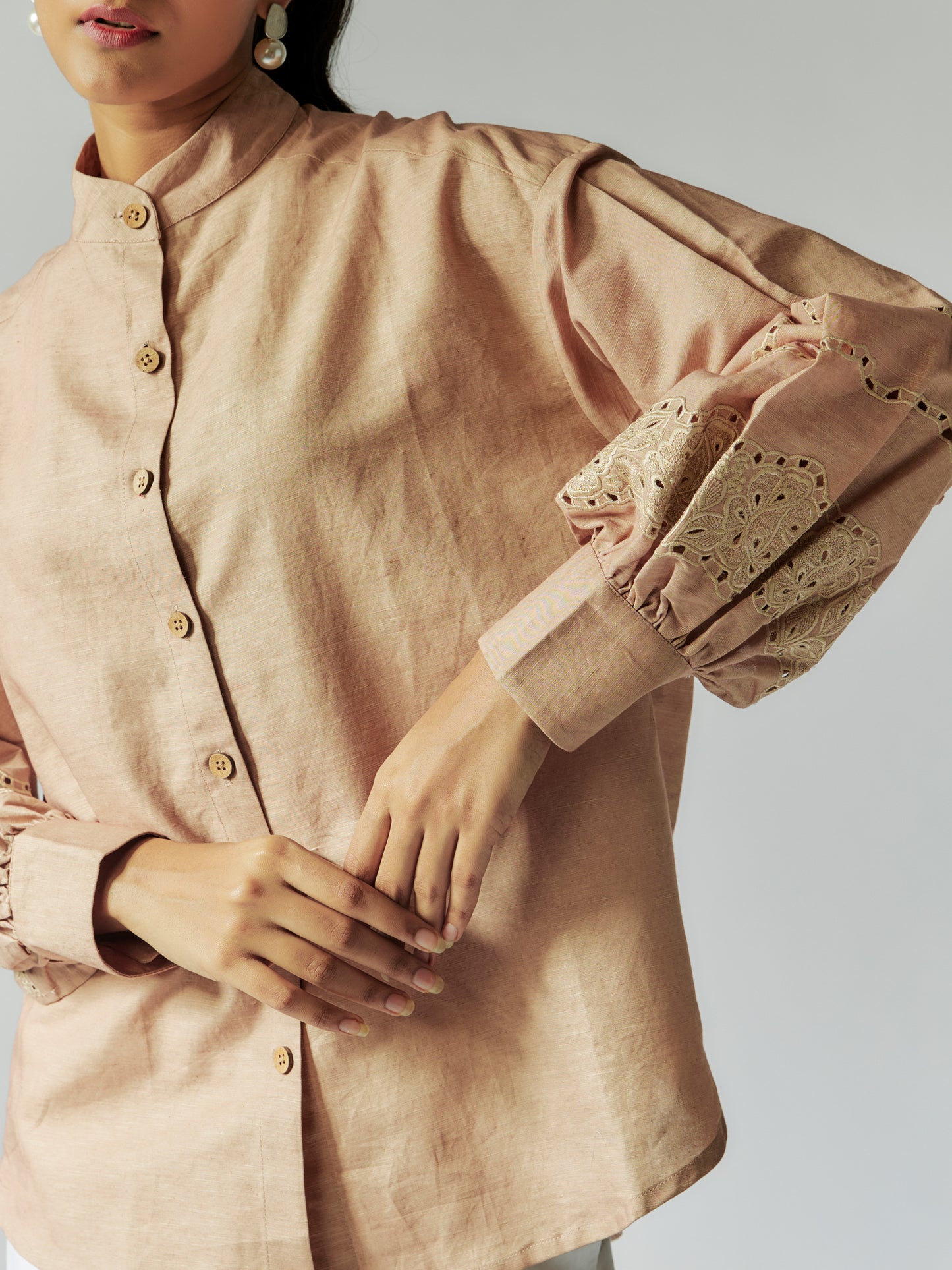 Beige Cotton Linen Embroiderd Shirt