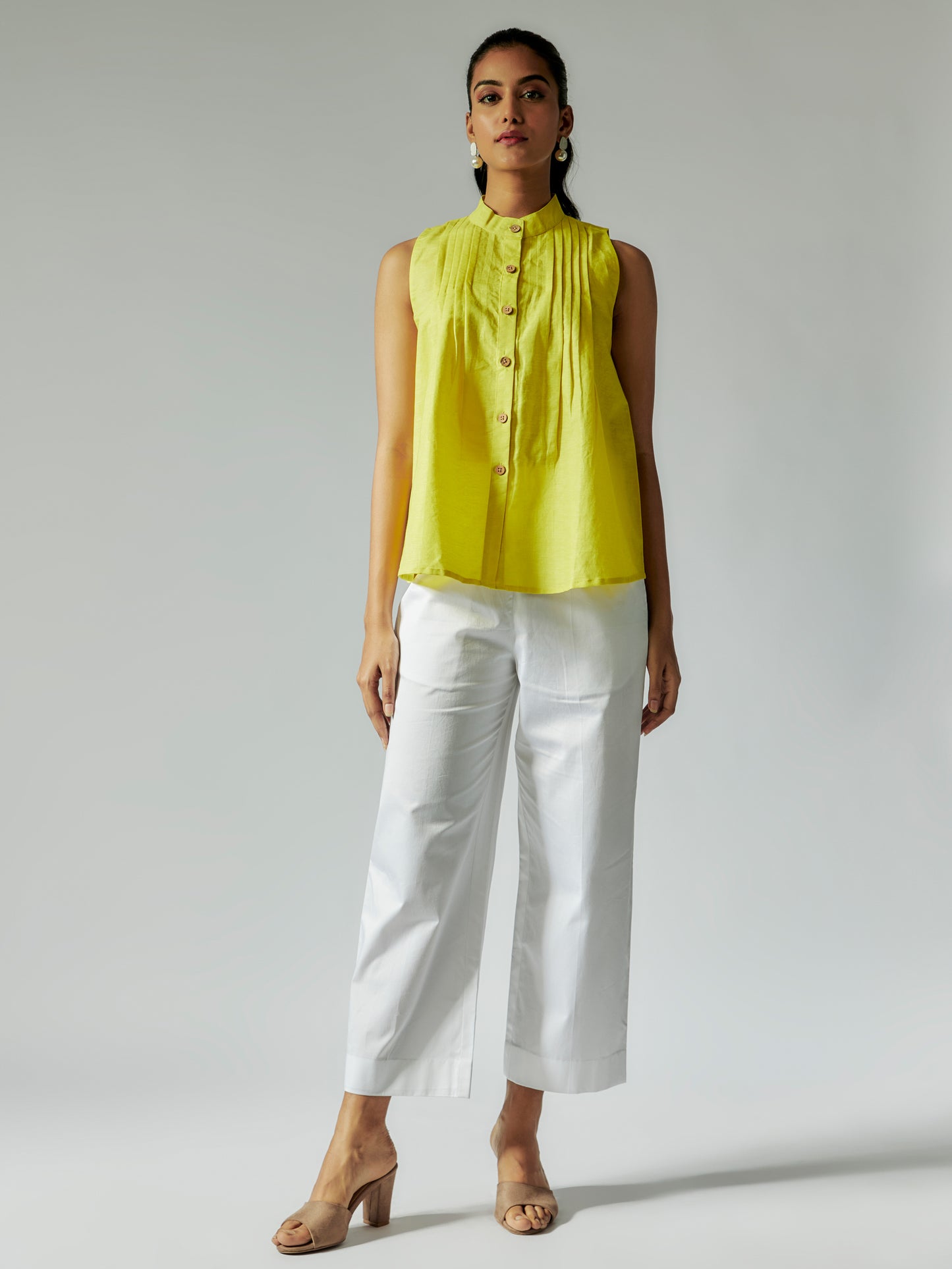Lime Yellow Cotton Linen Shirt with Pintuck Details