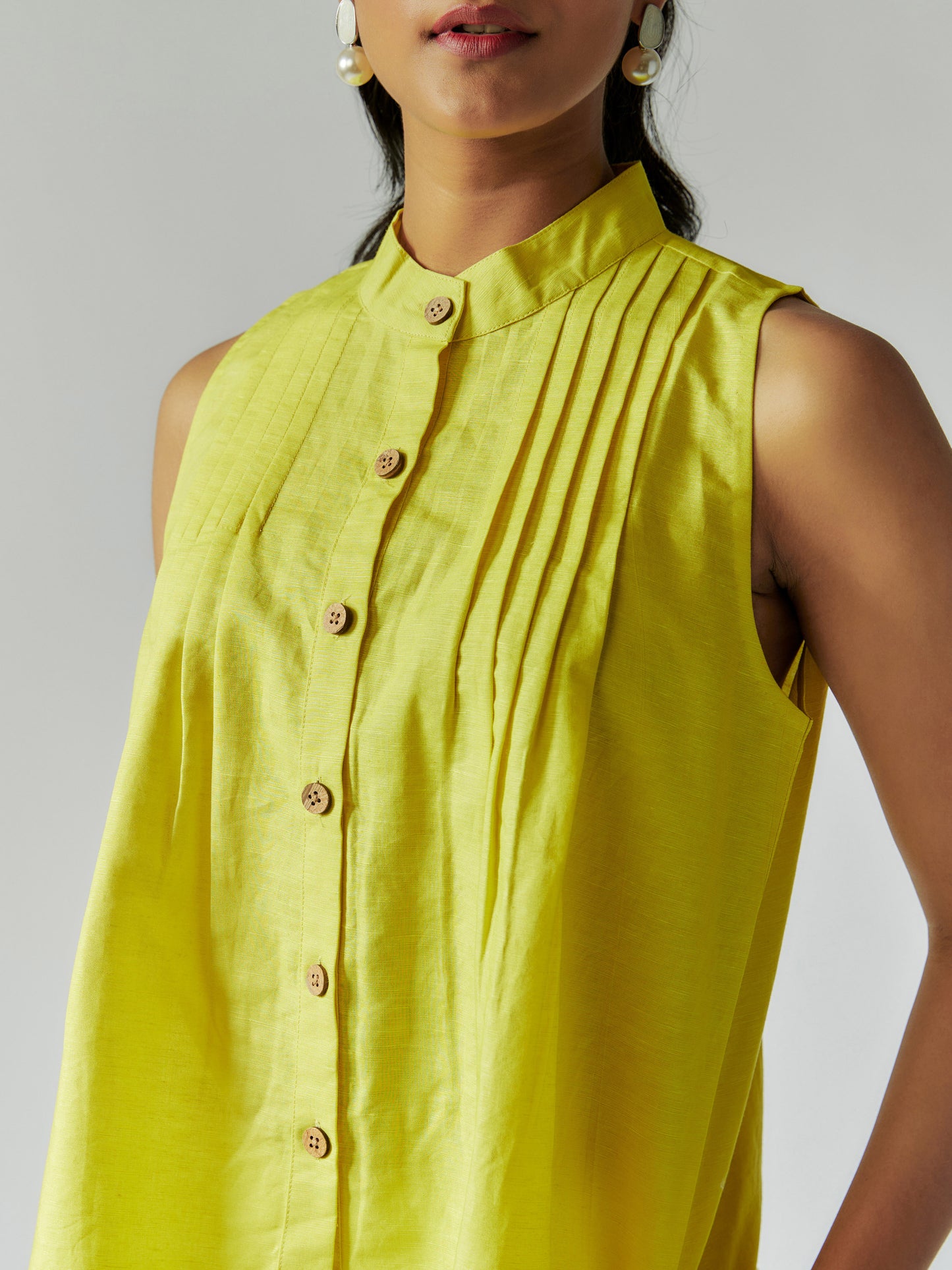 Lime Yellow Cotton Linen Shirt with Pintuck Details