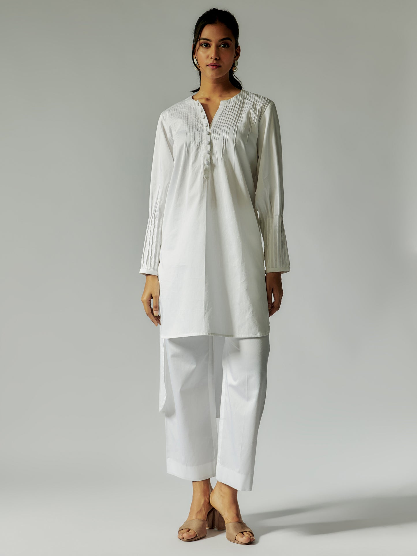 White Cotton Linen Top with Pintuck Details