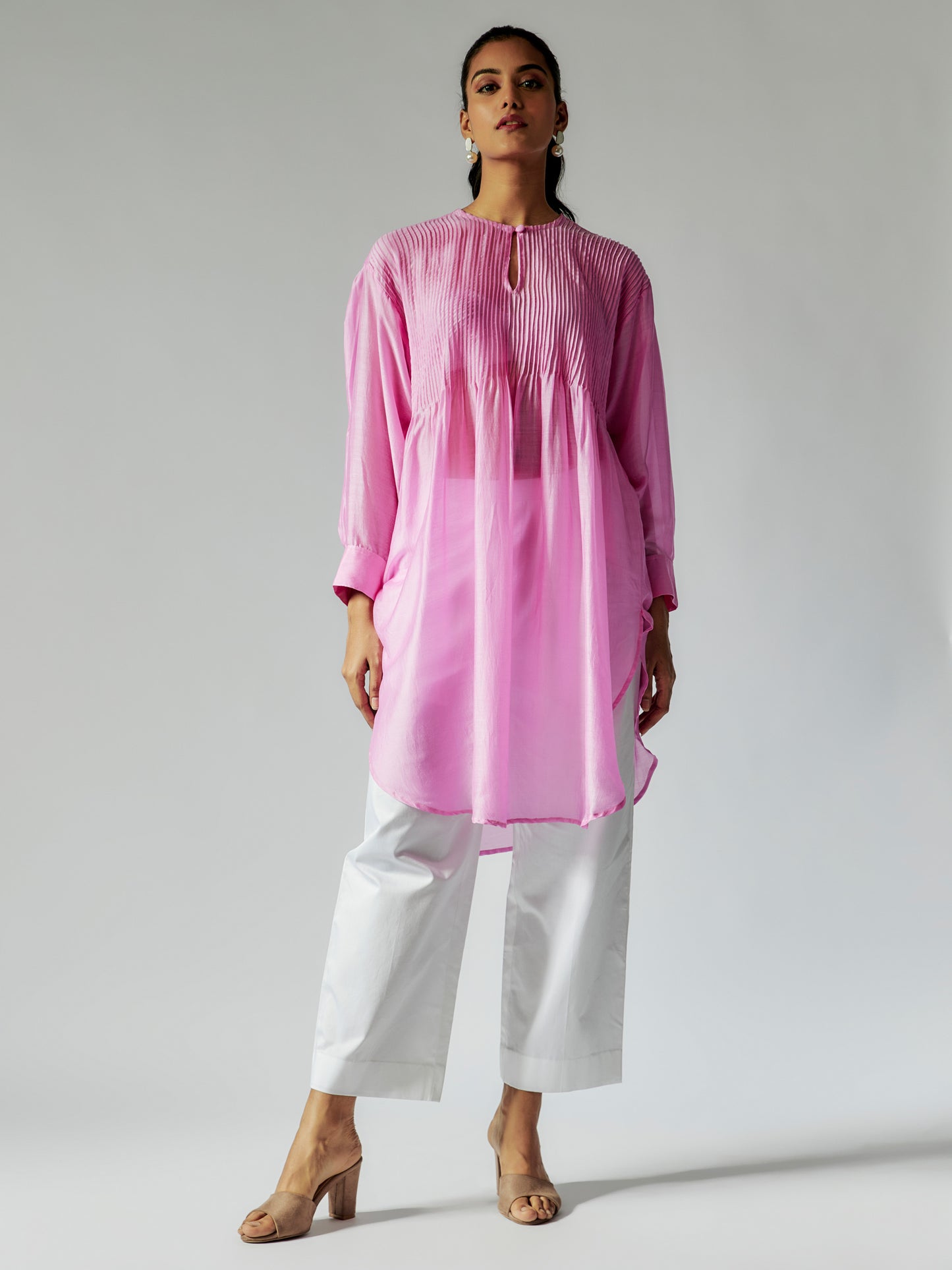 Pink Cotton Silk Top with Pintuck Details