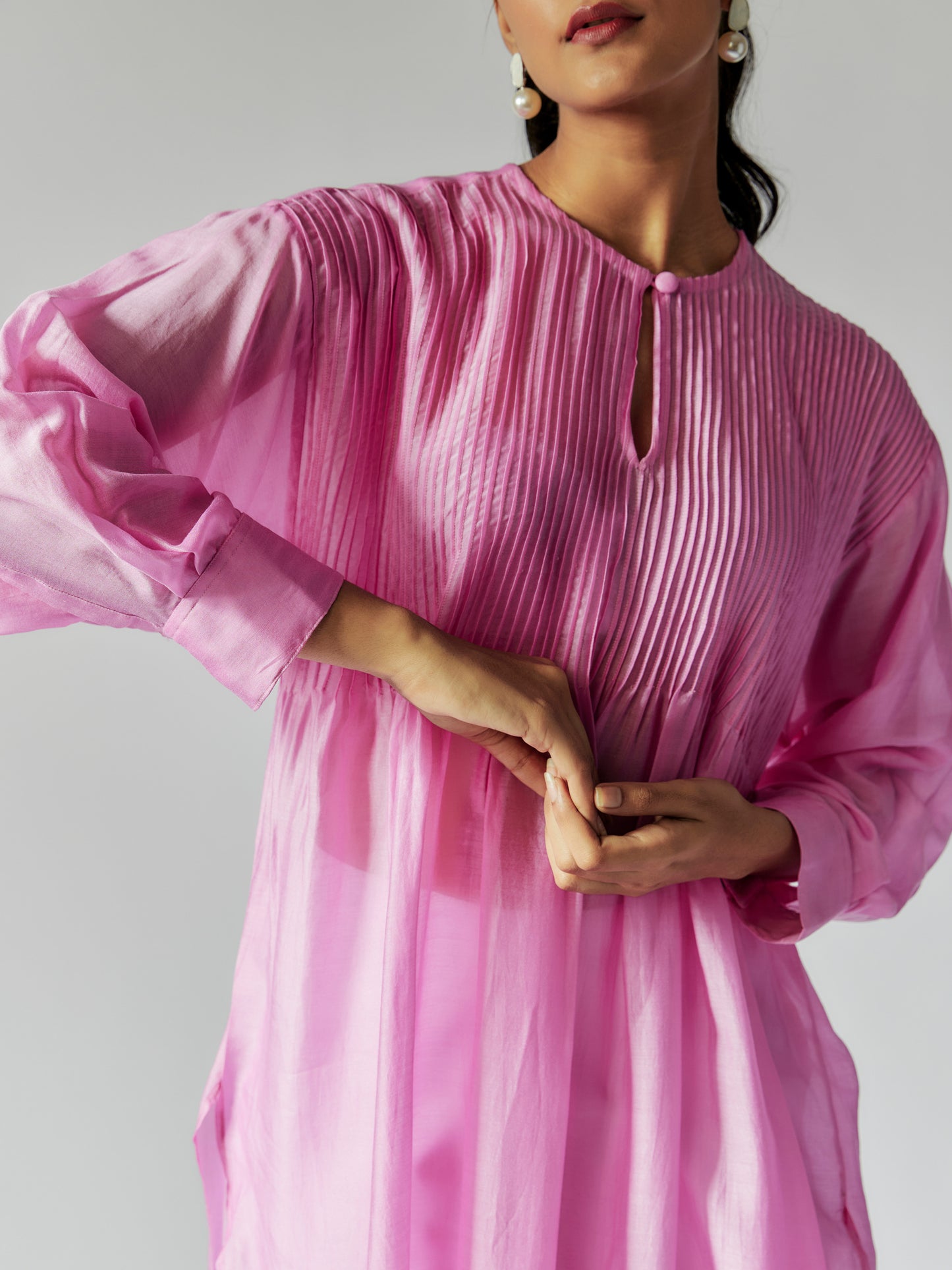 Pink Cotton Silk Top with Pintuck Details