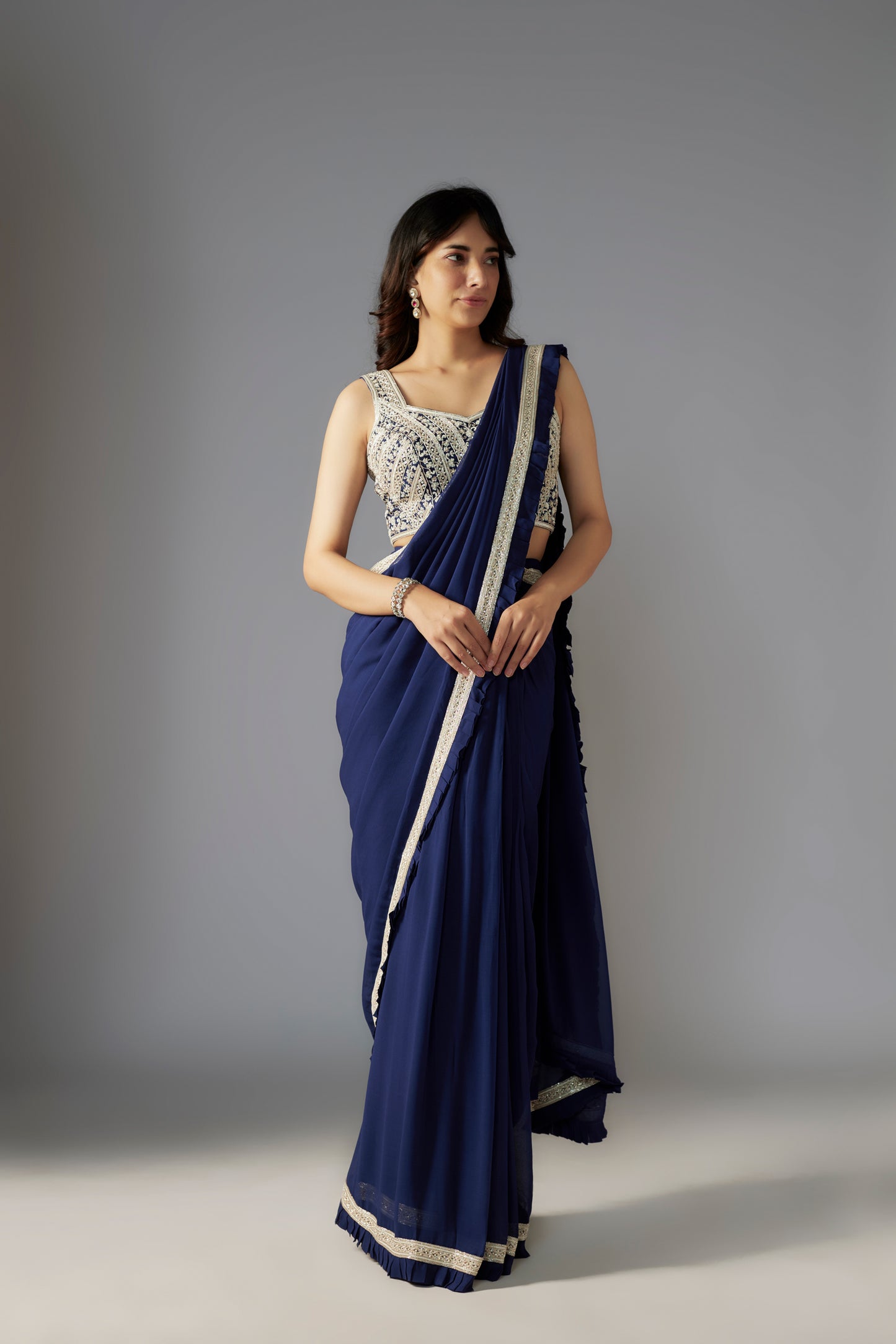 Navy Georgette Pre-Stitched Saree with Rawsilk Embroidered Blouse