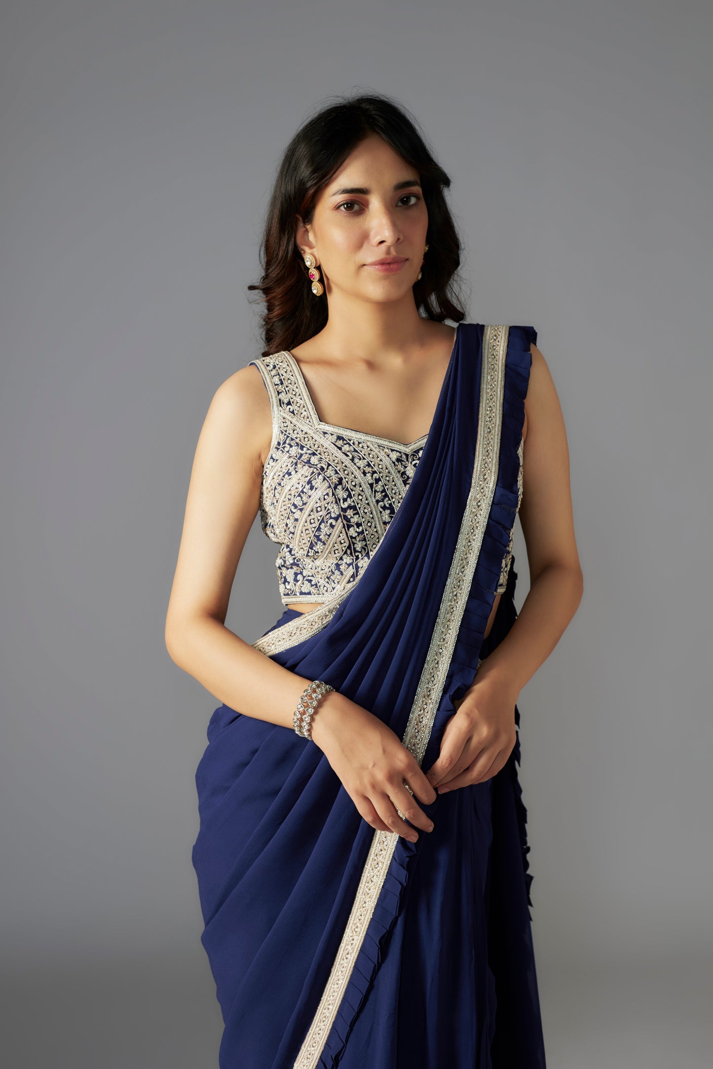 Navy Georgette Pre-Stitched Saree with Rawsilk Embroidered Blouse