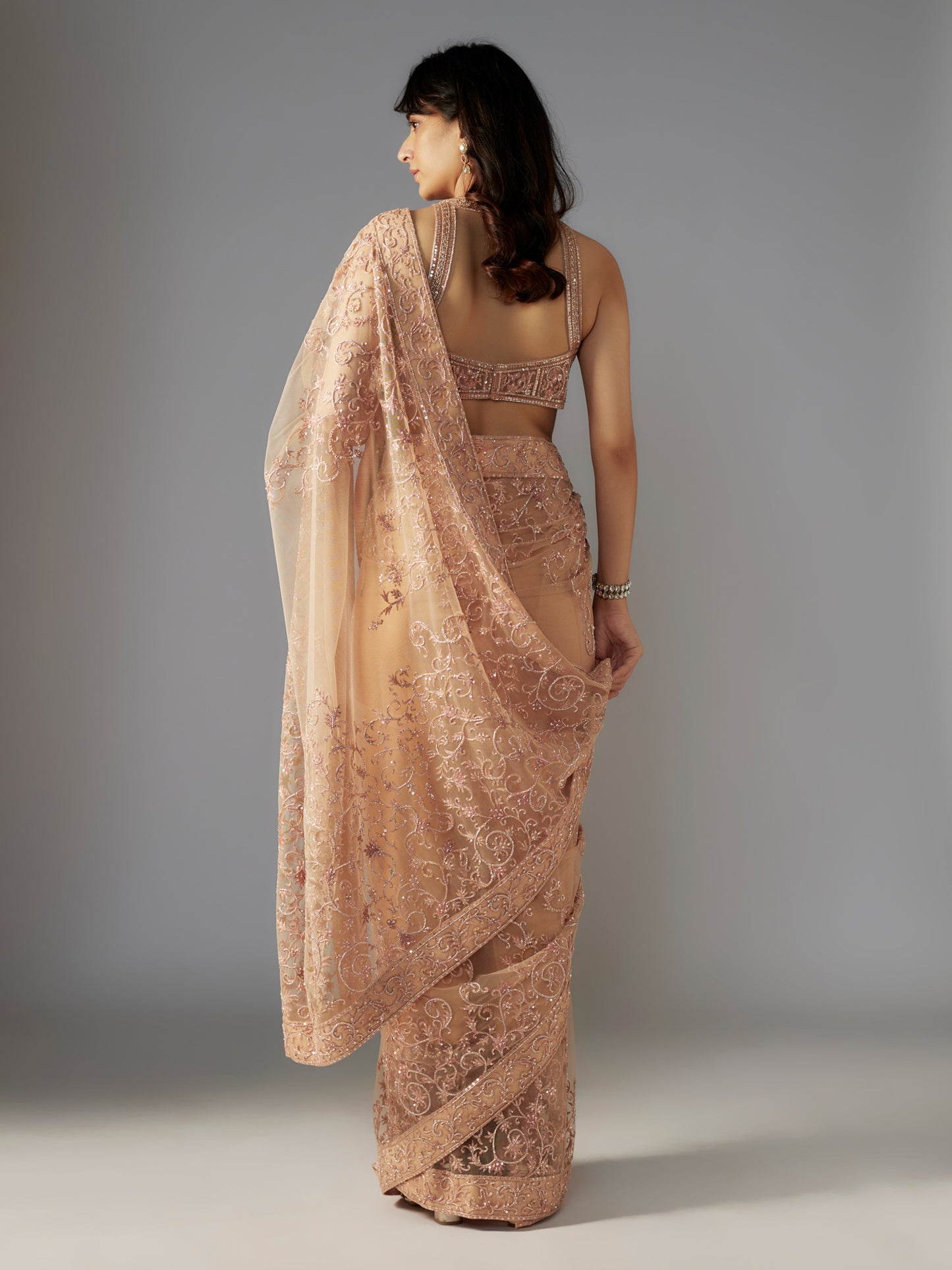 Nude Hand Embroidered Net Saree with Embriodered Blouse - Taj Mahal 2024