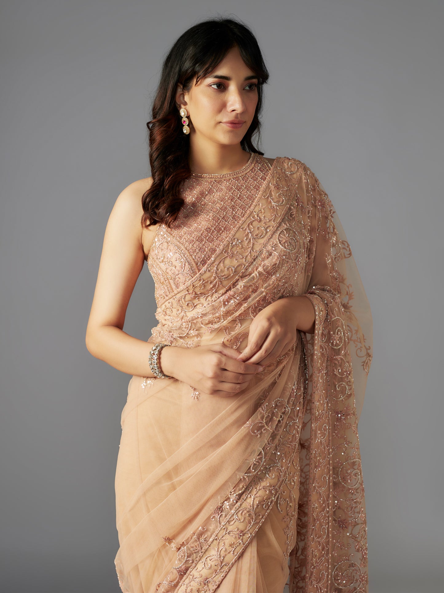 Nude Hand Embroidered Net Saree with Embriodered Blouse - Taj Mahal 2024