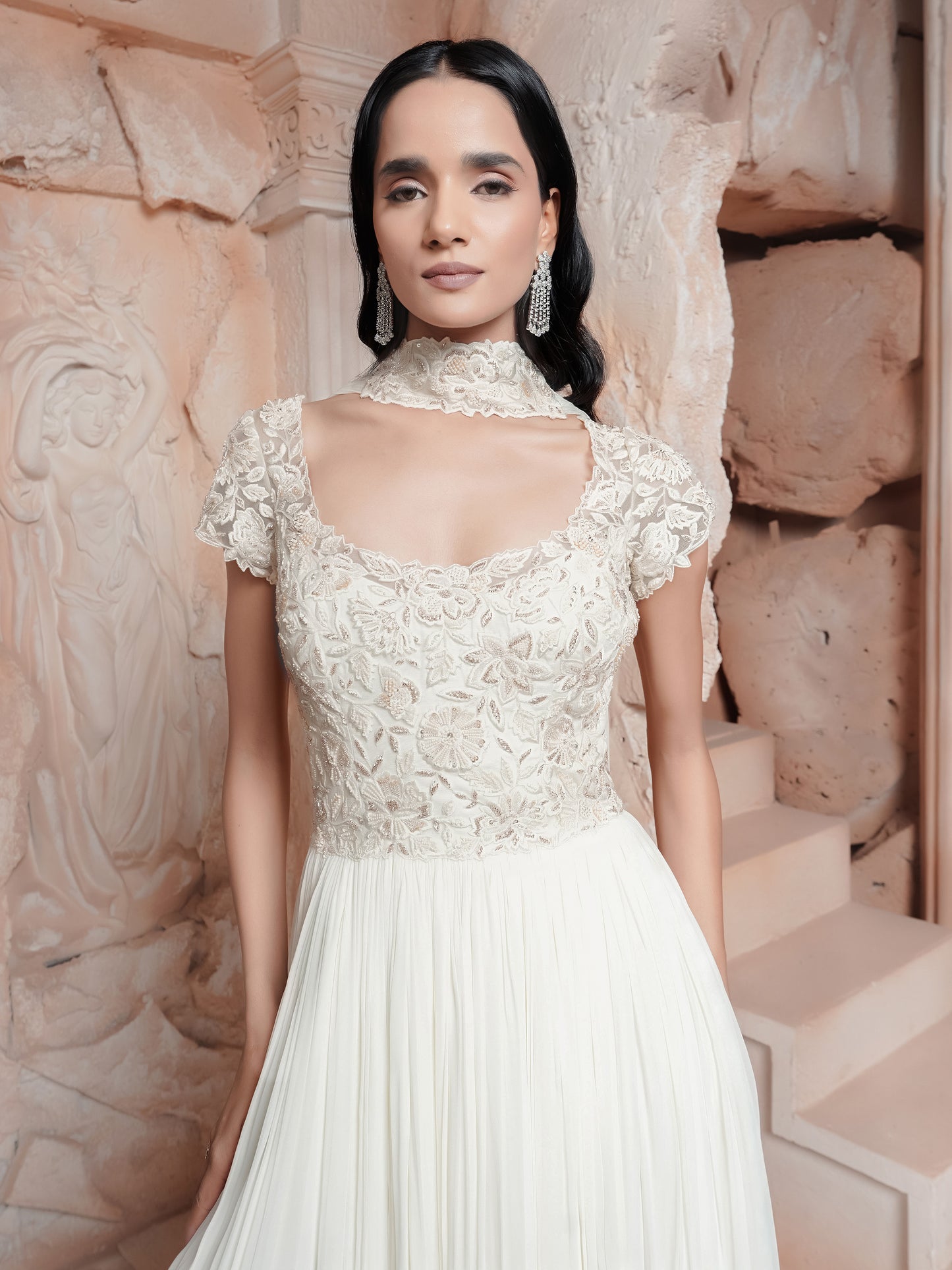 White Embroidred Gown With Stole