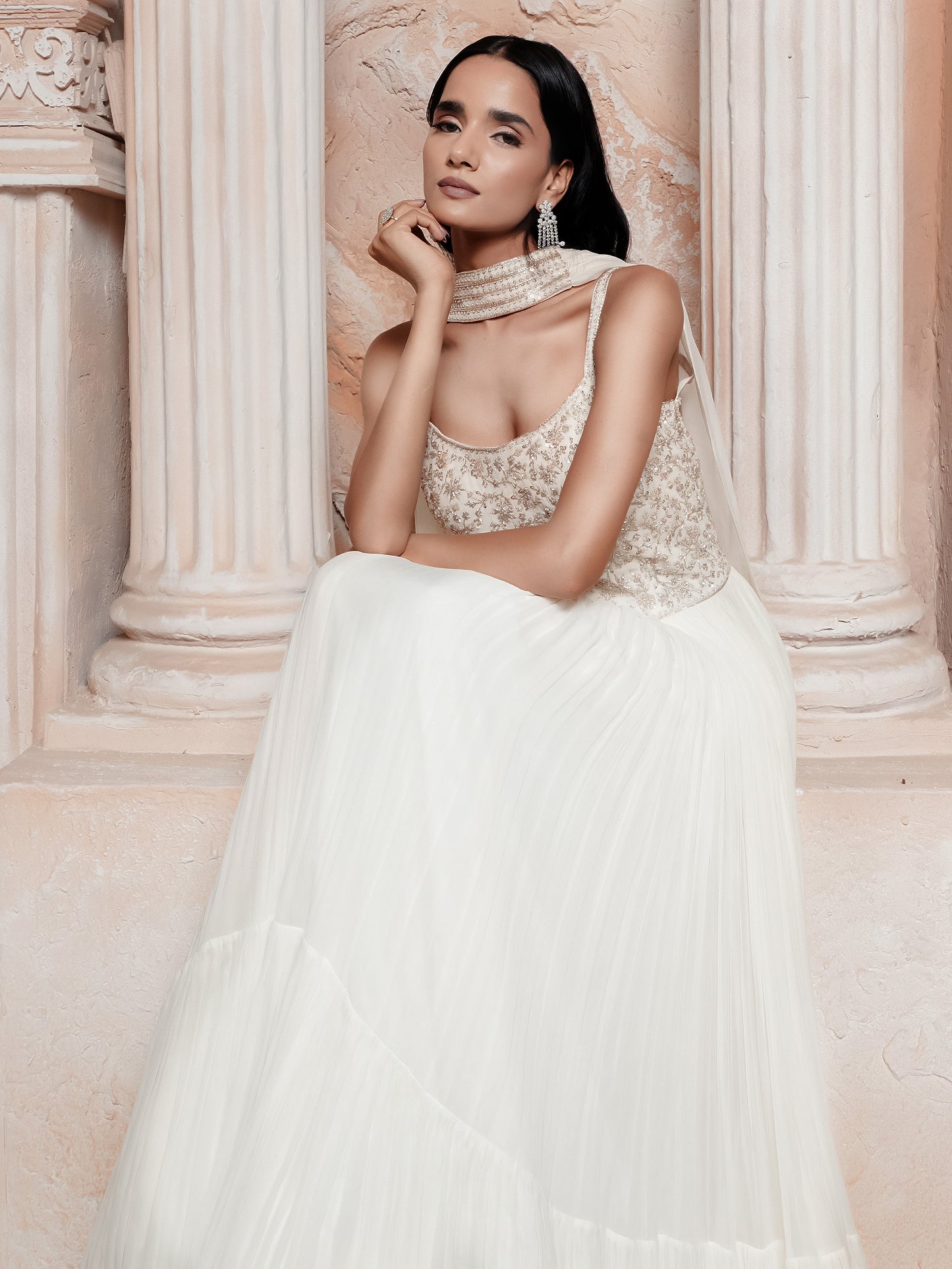 Ivory Embroidered Gown With Stole